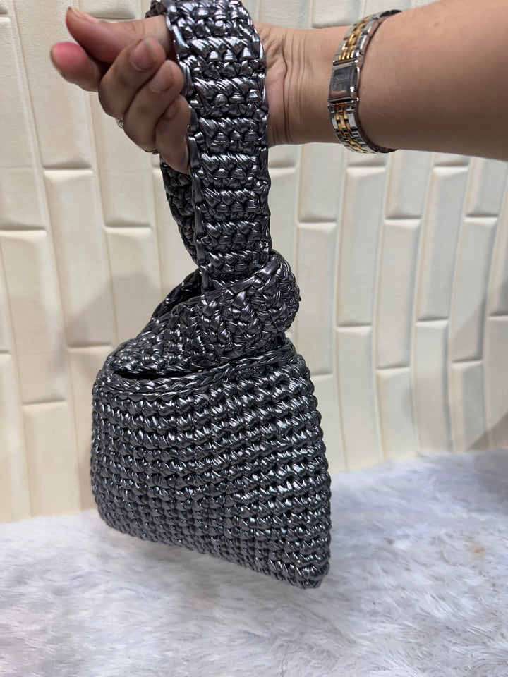 Gunmetal Grey Metallic Crochet Knot Potli Bag