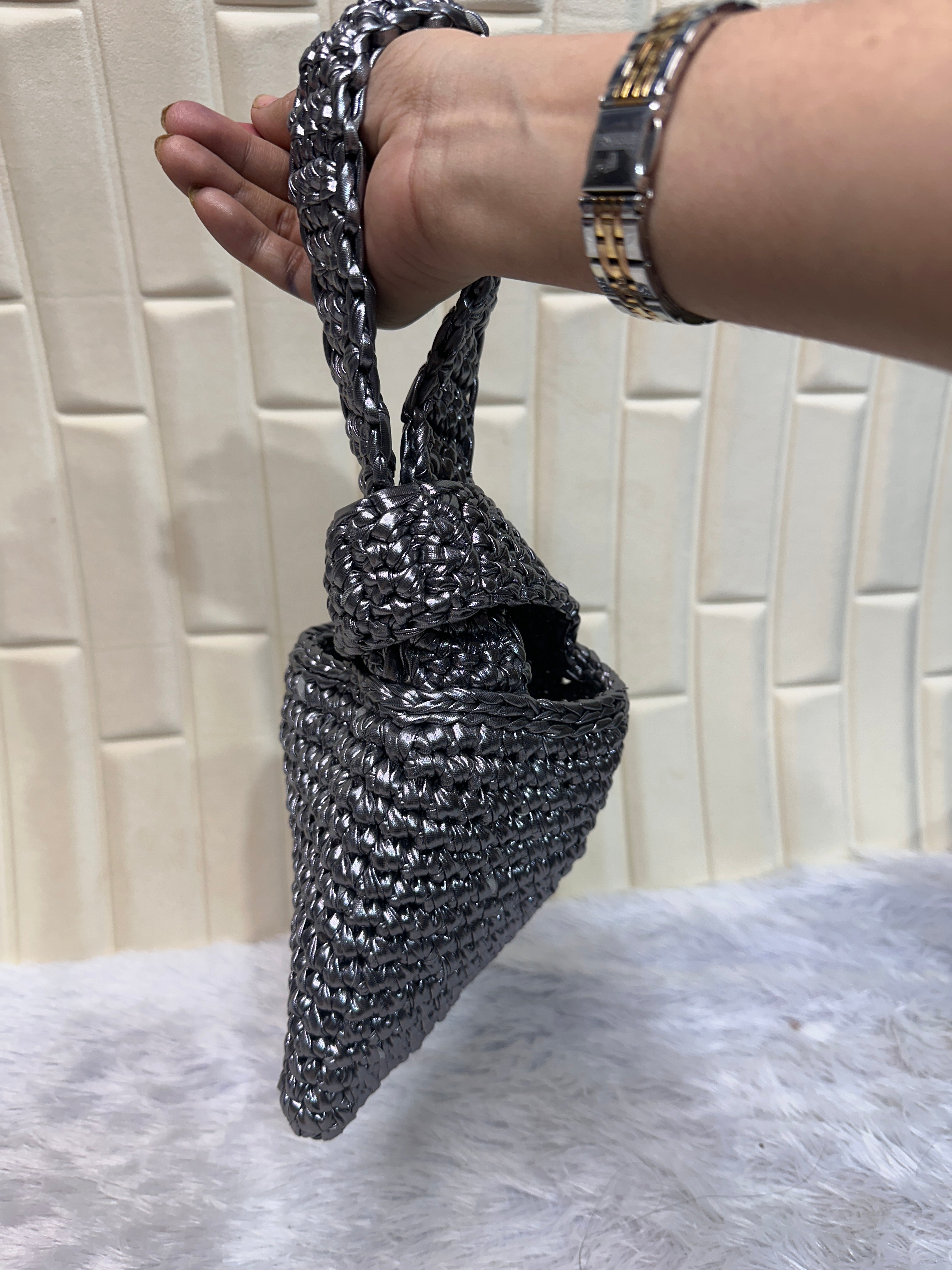 Gunmetal Grey Metallic Crochet Knot Potli Bag