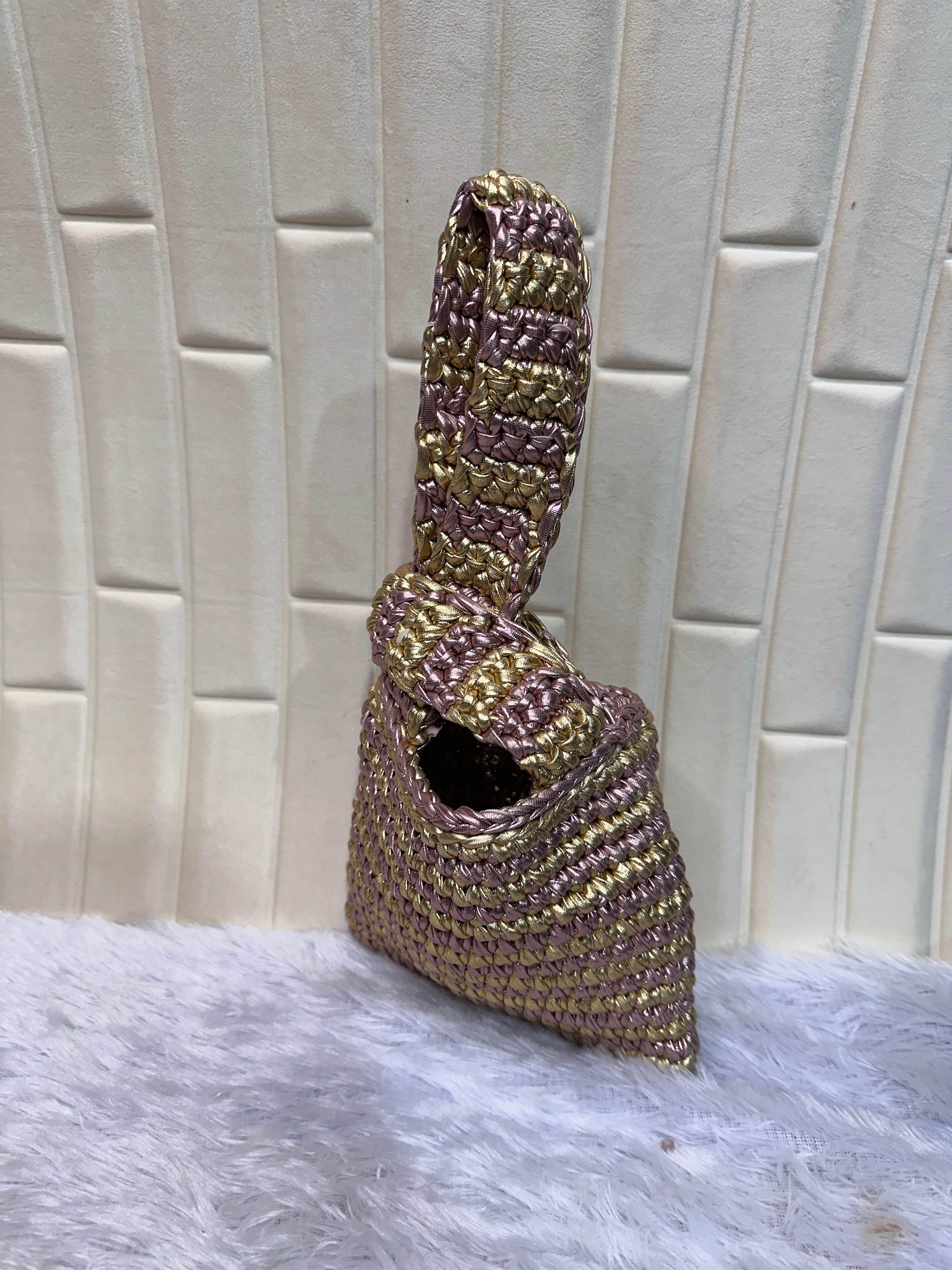 Rose Gold Swirl Metallic Crochet Knot Potli Bag