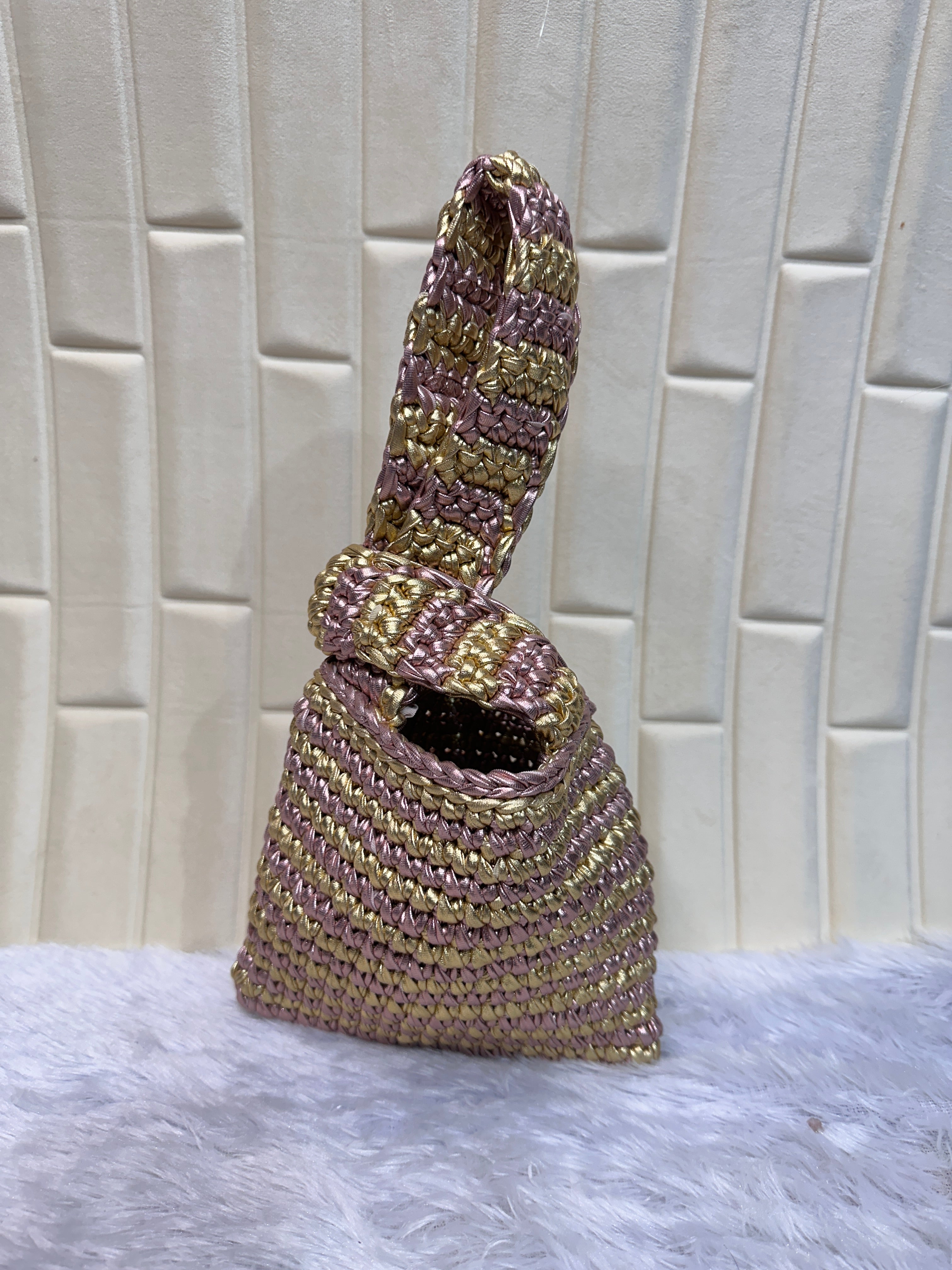 Rose Gold Swirl Metallic Crochet Knot Potli Bag