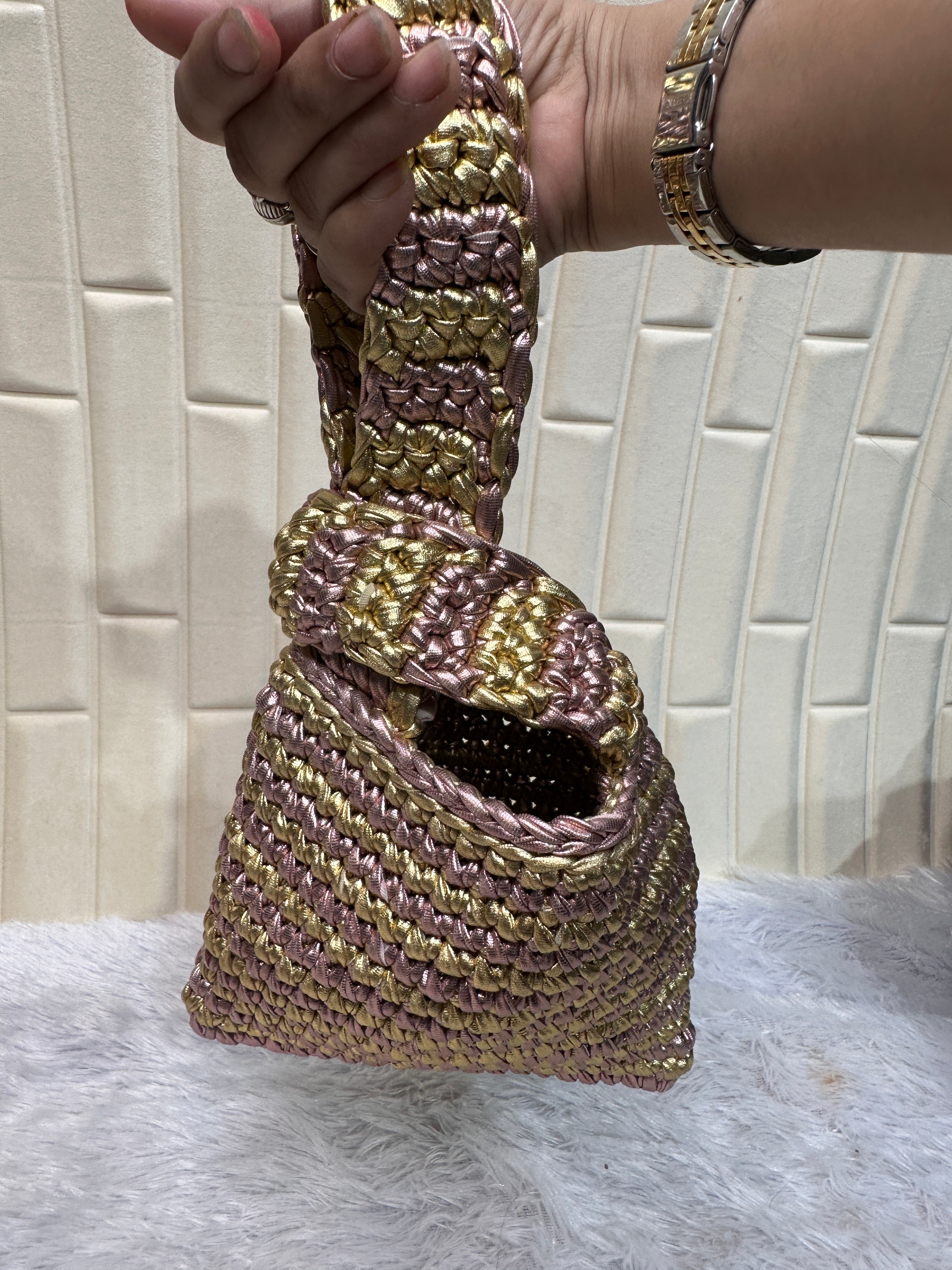 Rose Gold Swirl Metallic Crochet Knot Potli Bag