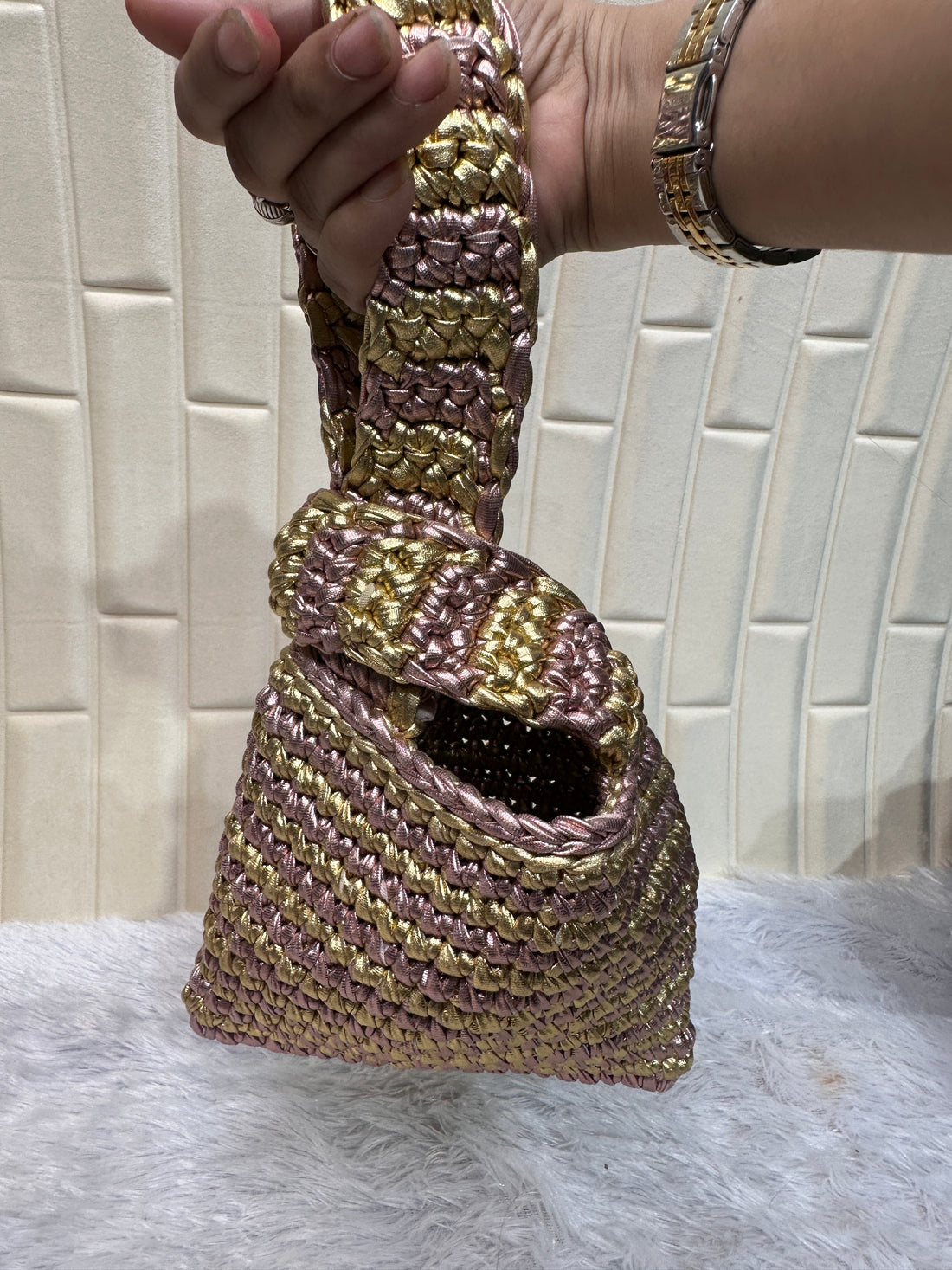Rose Gold Swirl Metallic Crochet Knot Potli Bag