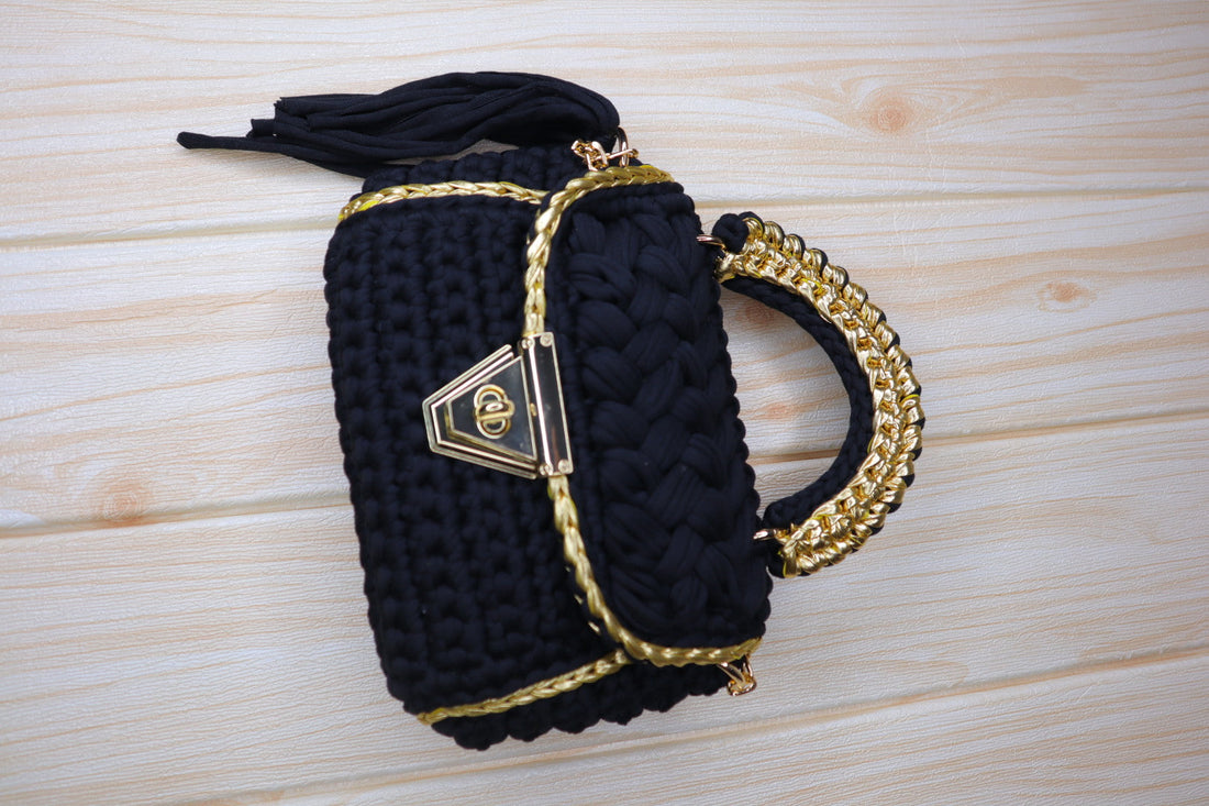 Magical Black With Gold Accents Handcrafted Crotchet Bag