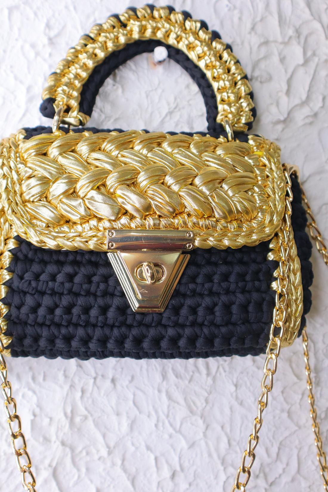 Luxurious Black and Gold Handcrafted Crochet Bag