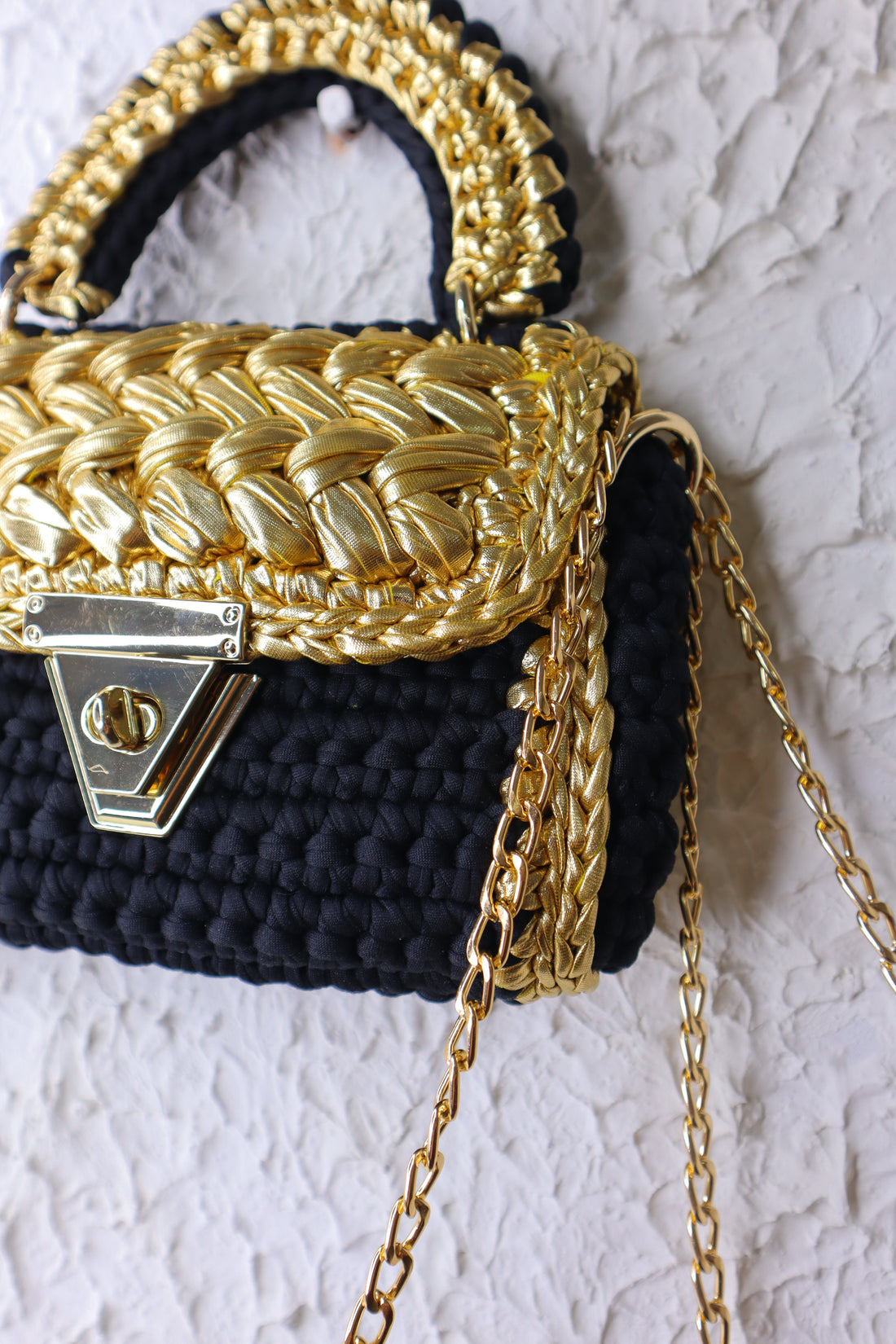 Luxurious Black and Gold Handcrafted Crochet Bag