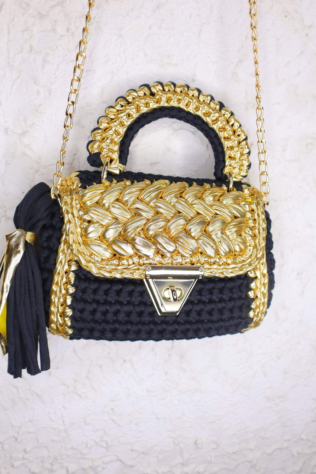 Luxurious Black and Gold Handcrafted Crochet Bag