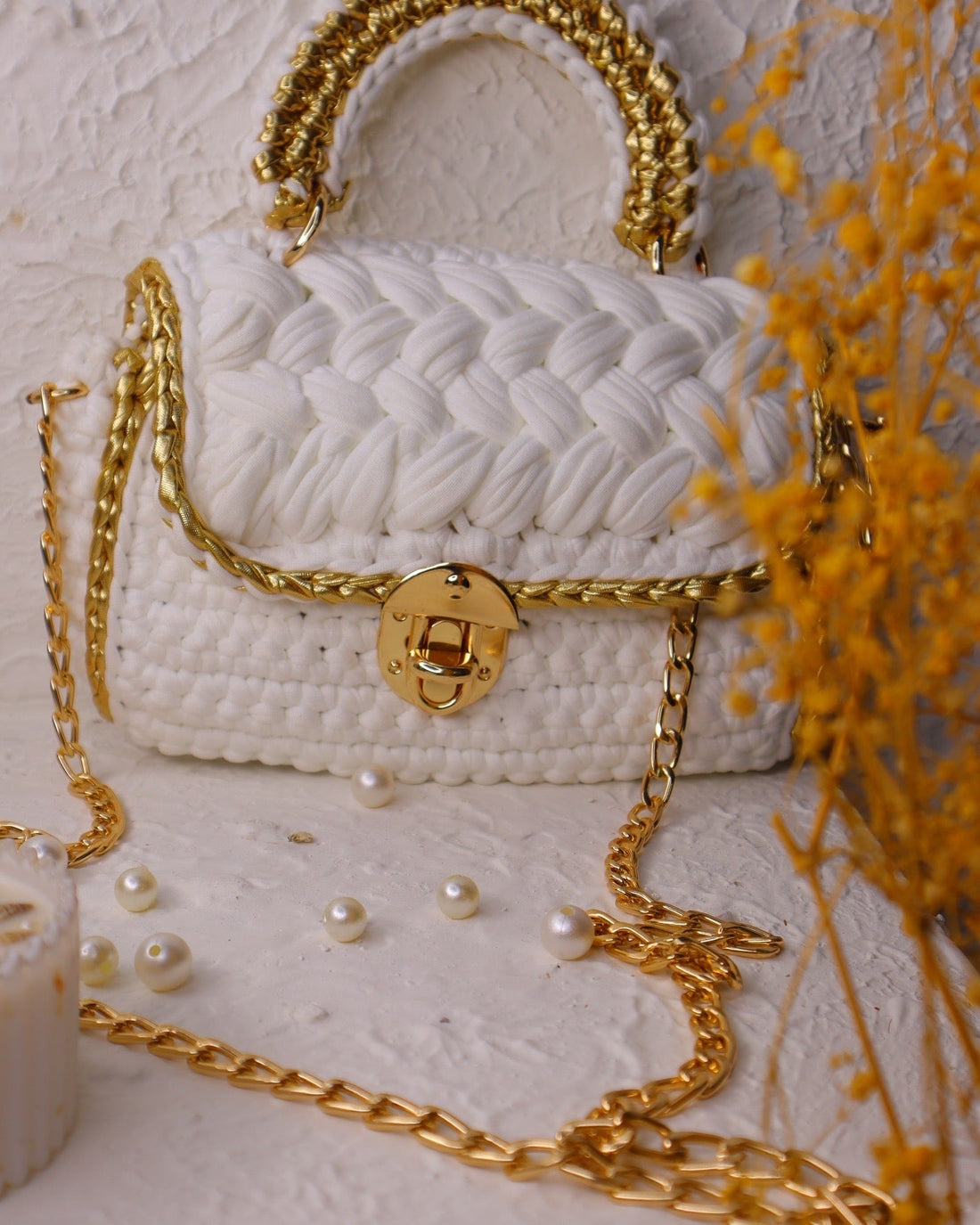 Elegant White and Gold Handcrafted Crochet Bag