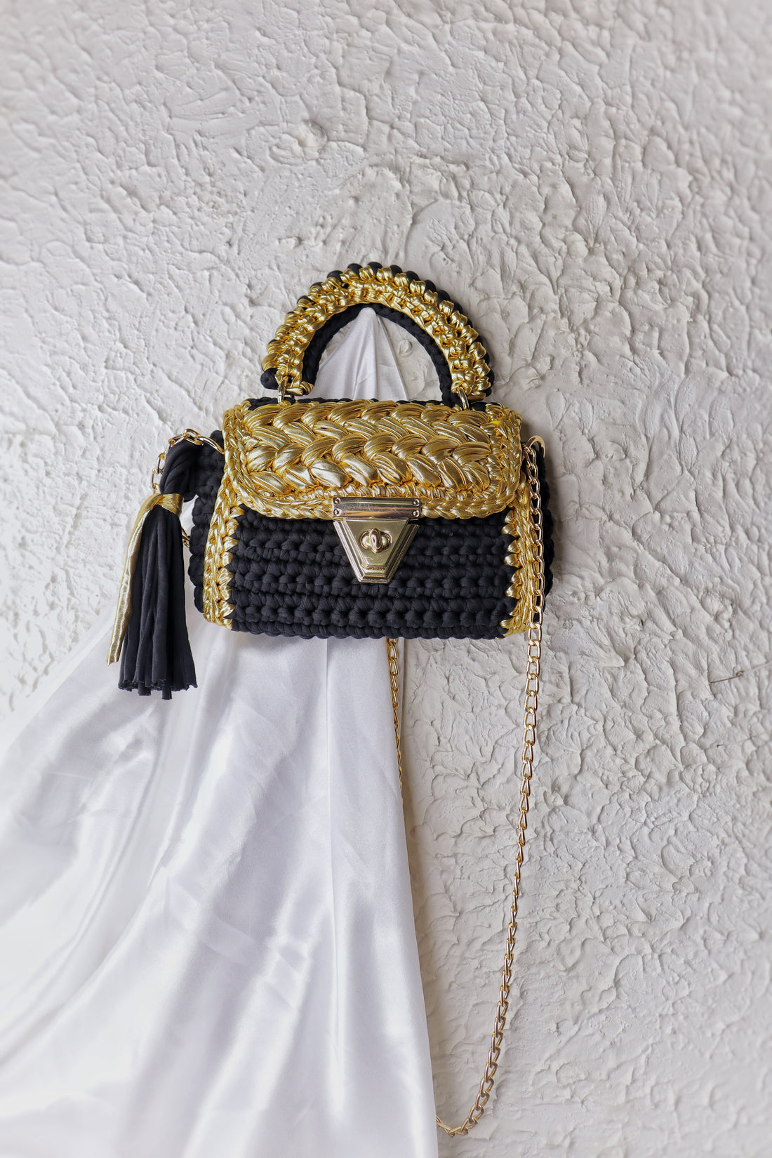 Luxurious Black and Gold Handcrafted Crochet Bag