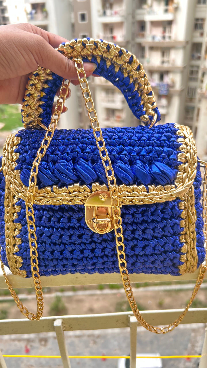 Opulent Blue and Gold Handcrafted Metallic Crochet Bag