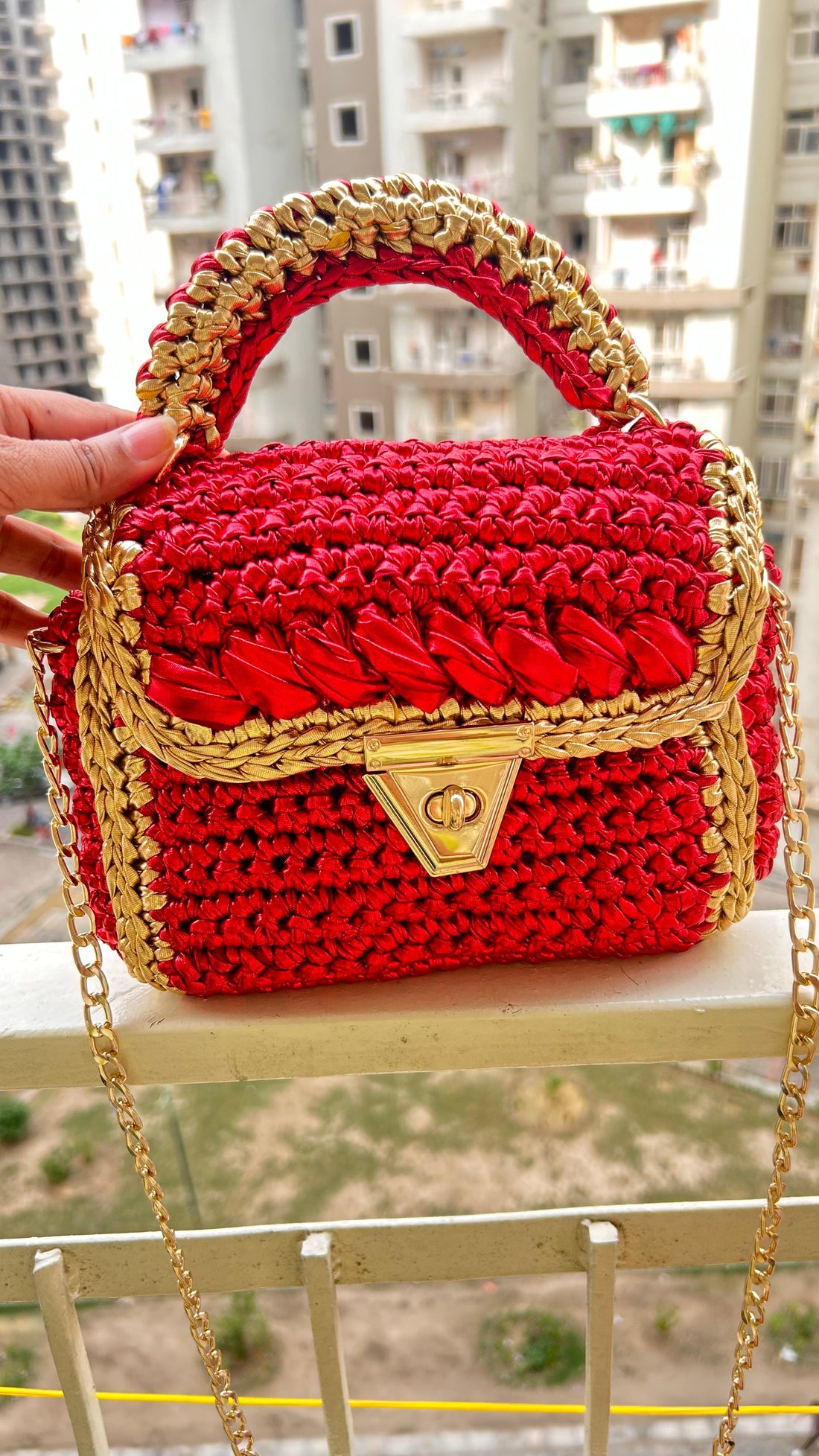 Metallic Red and Gold Handcrafted Crochet Bag