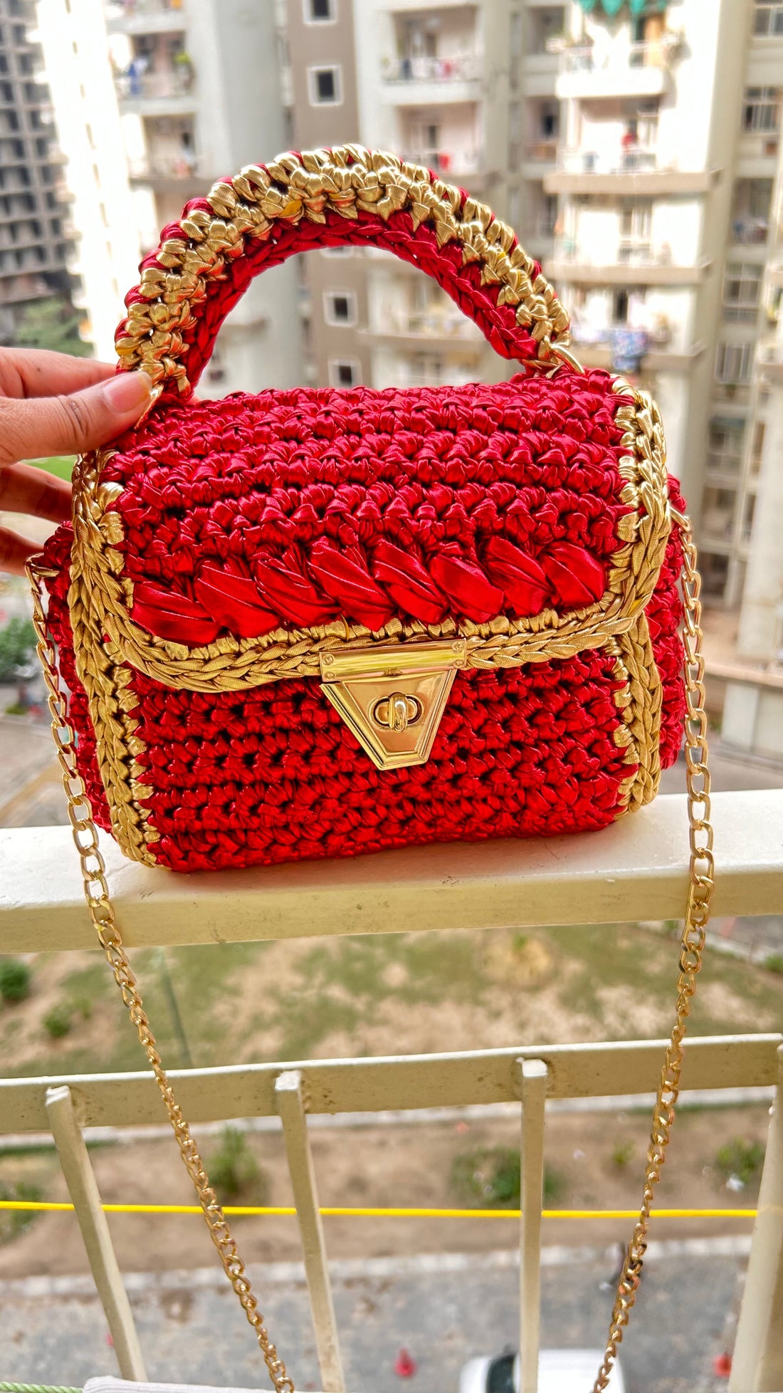 Metallic Red and Gold Handcrafted Crochet Bag