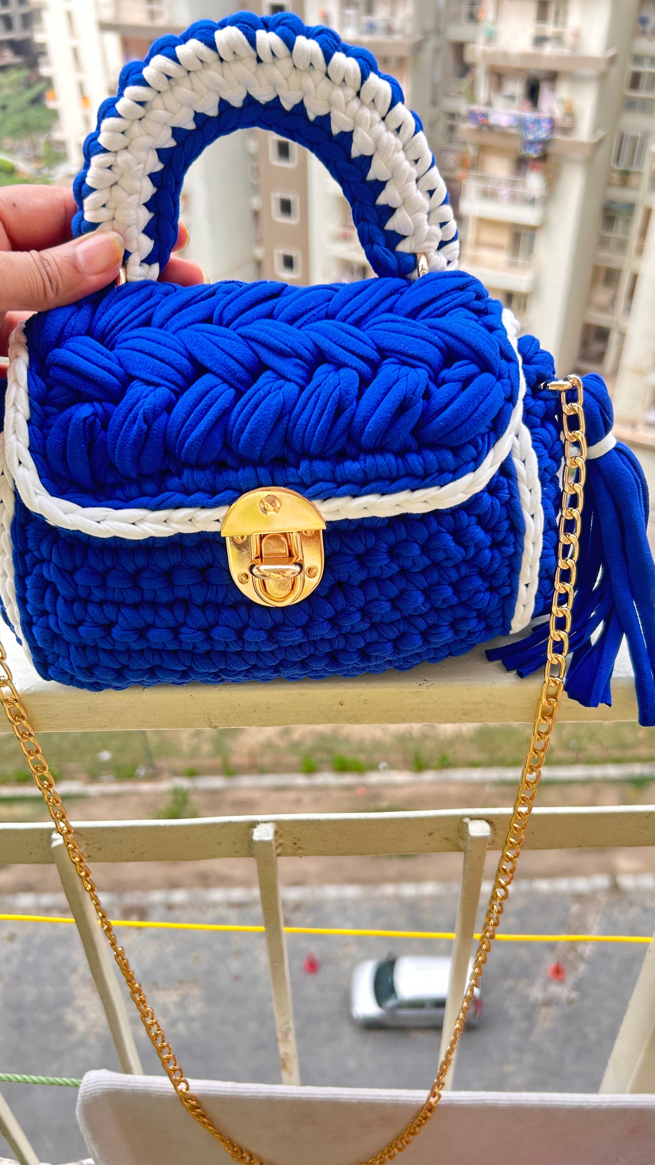 Elegant Blue and White Handcrafted Crochet Bag