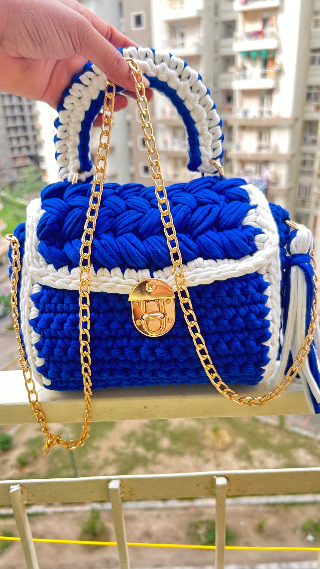 Elegant Blue and White Handcrafted Crochet Bag