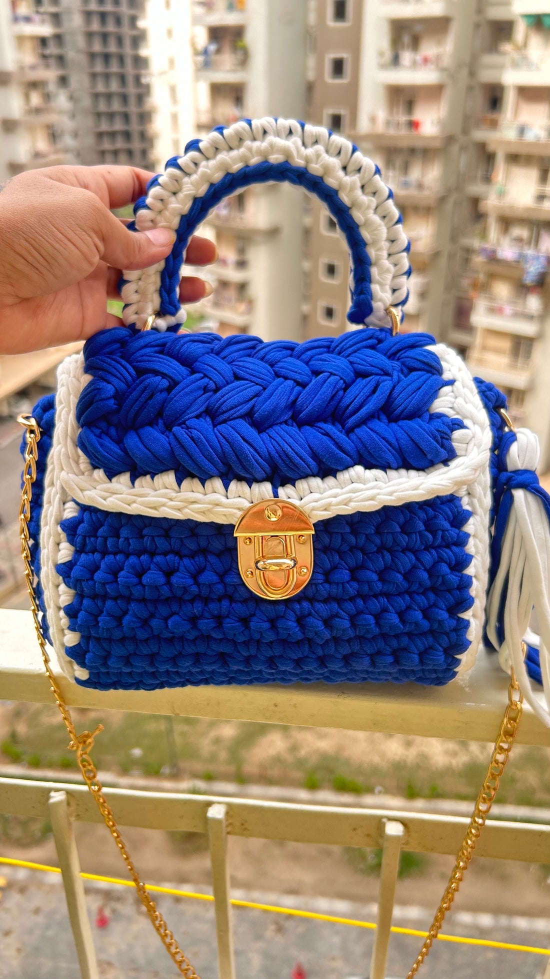 Elegant Blue and White Handcrafted Crochet Bag