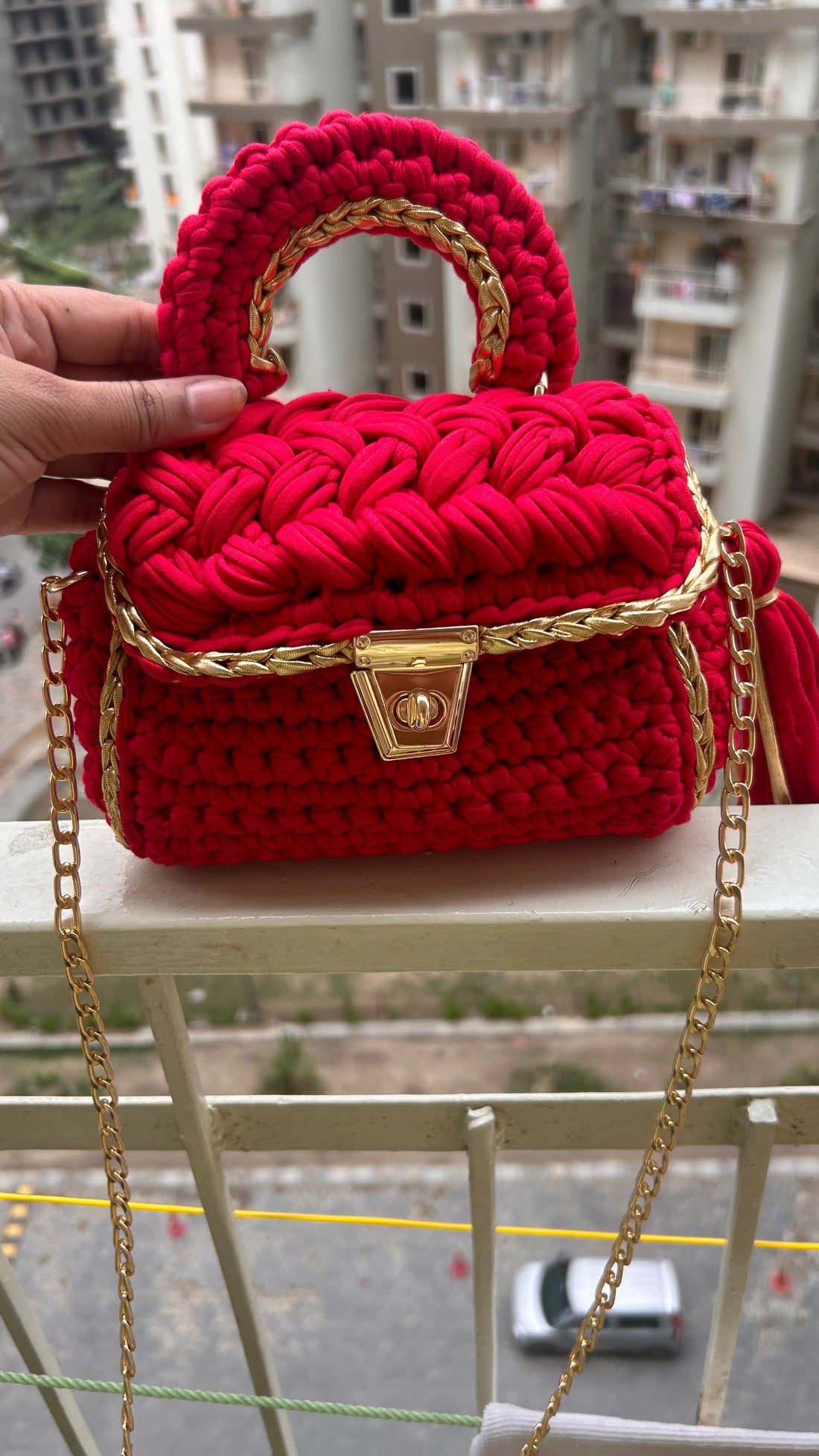 Luxurious Red and Gold Handcrafted Crochet Bag