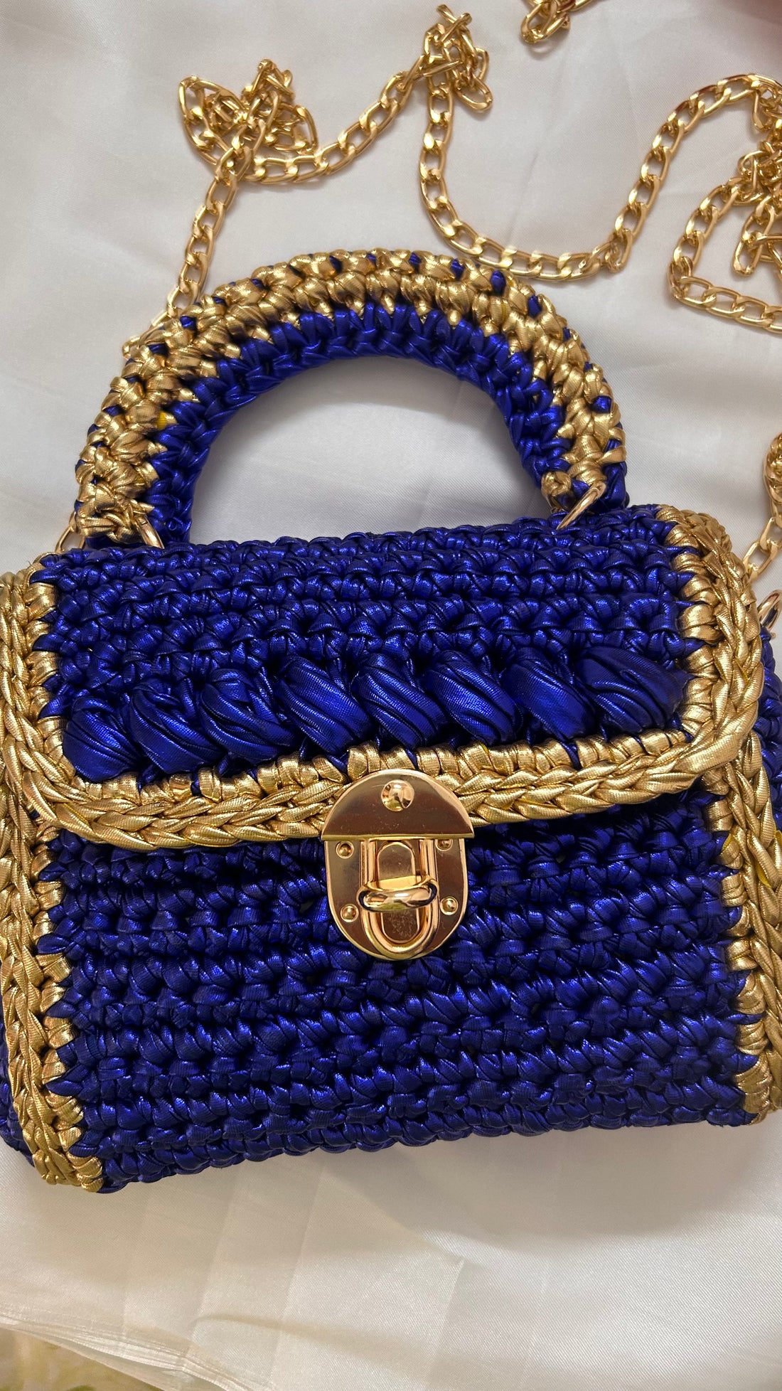 Opulent Blue and Gold Handcrafted Metallic Crochet Bag