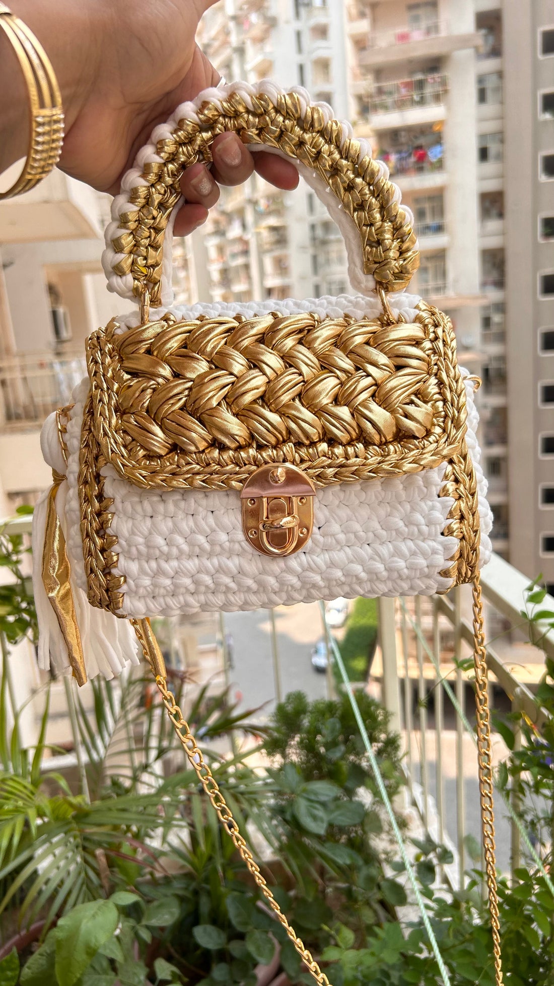 Luxurious White and Gold Handcrafted Crotchet Bag