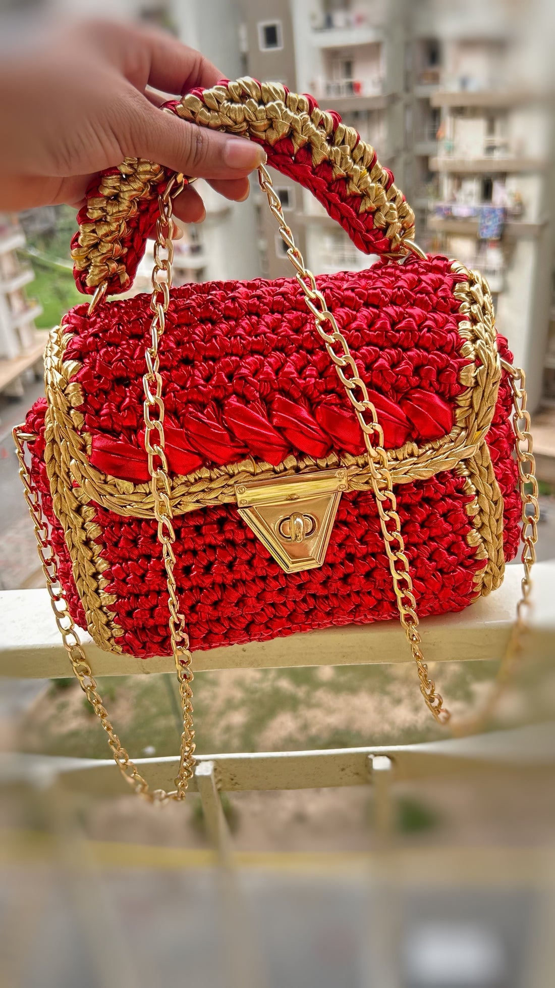 Metallic Red and Gold Handcrafted Crochet Bag