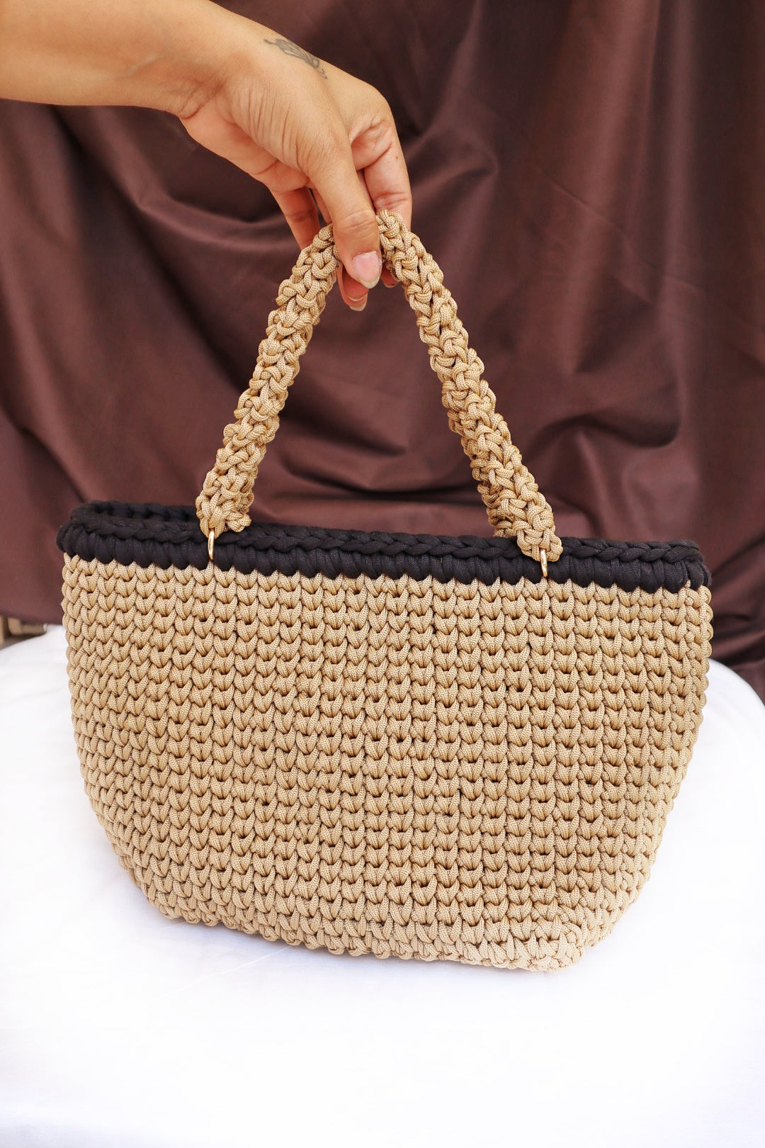 Sophisticated Beige and Black Handcrafted Crochet Bag