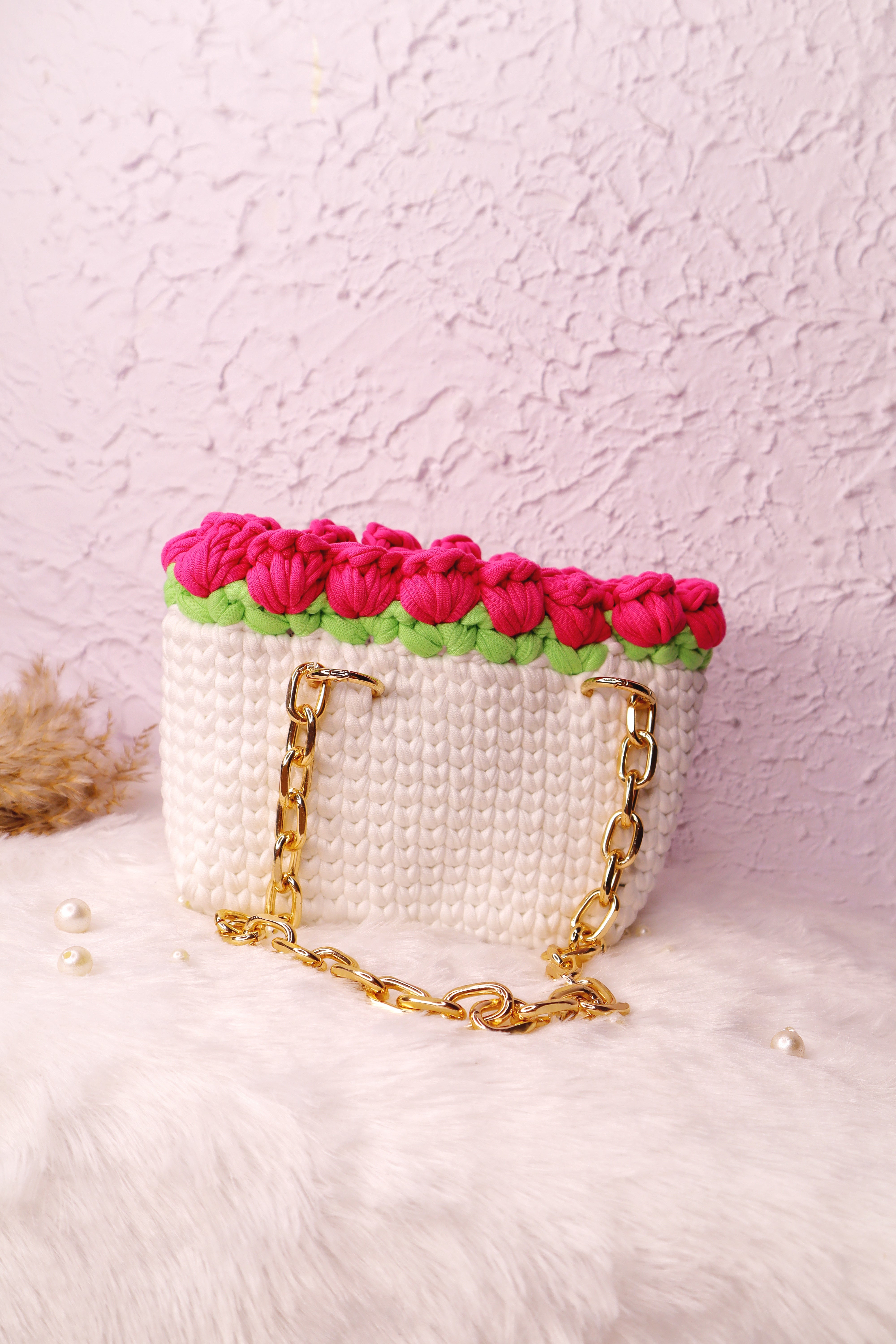 Dark Pink Tulips on White Handmade Crochet Bag
