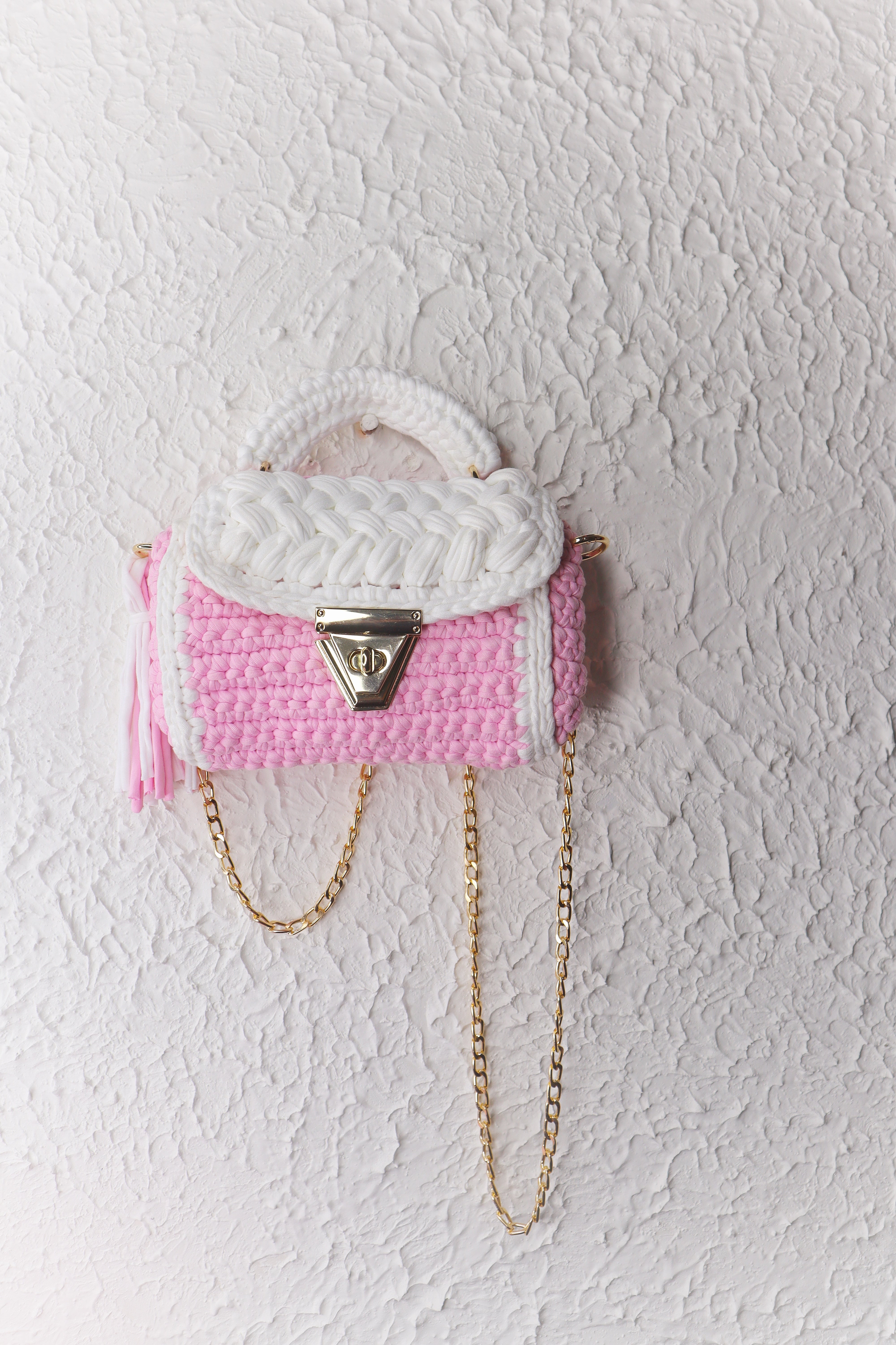 Pastel Pink and White Handcrafted Crotchet Bag