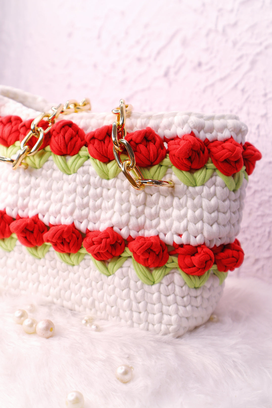 Double Red Tulips on White Handmade Crotchet Bag