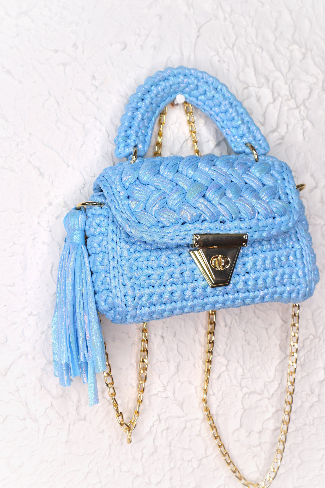 Pastel Blue Metallic Yarn Handcrafted Crotchet Bag