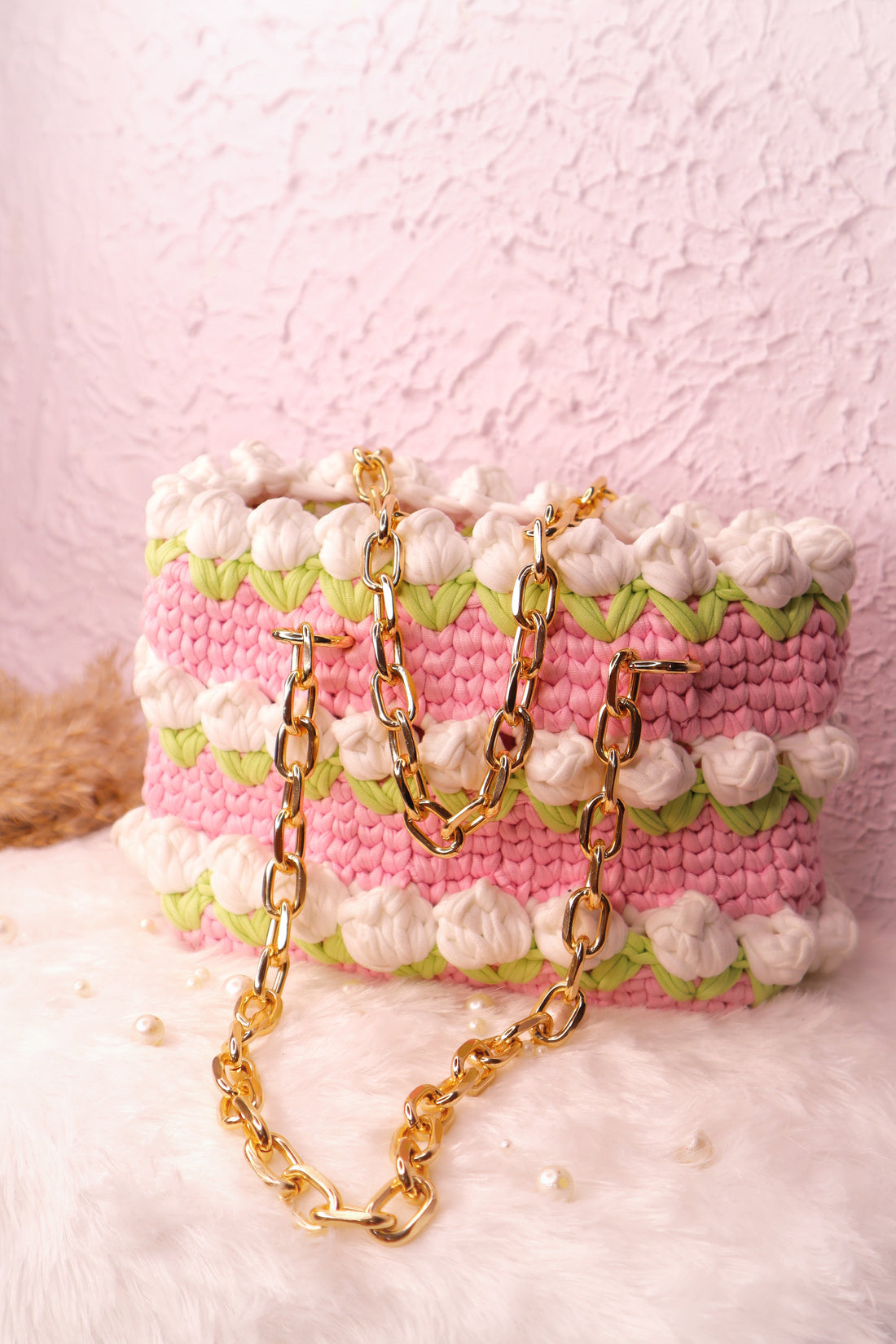 Triple Layer White Tulips On White Handmade Crotchet Bag