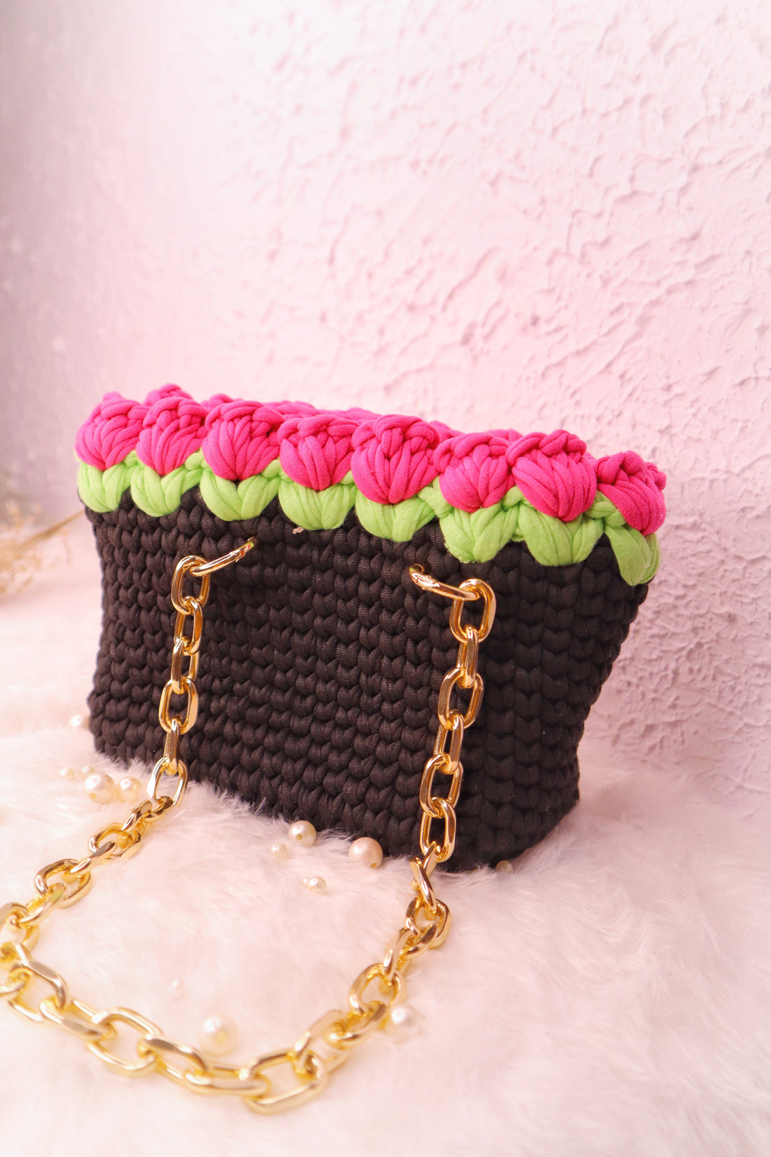 Dark Pink Tulips on Black Handmade Crotchet Bag