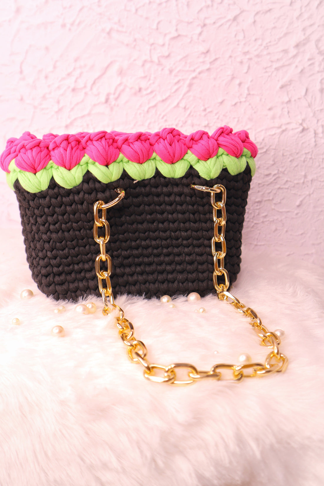 Dark Pink Tulips on Black Handmade Crotchet Bag