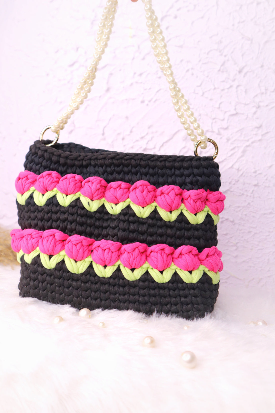 Multilayered  Pink Tulip on Black with Pearl Strap Crotchet Bag