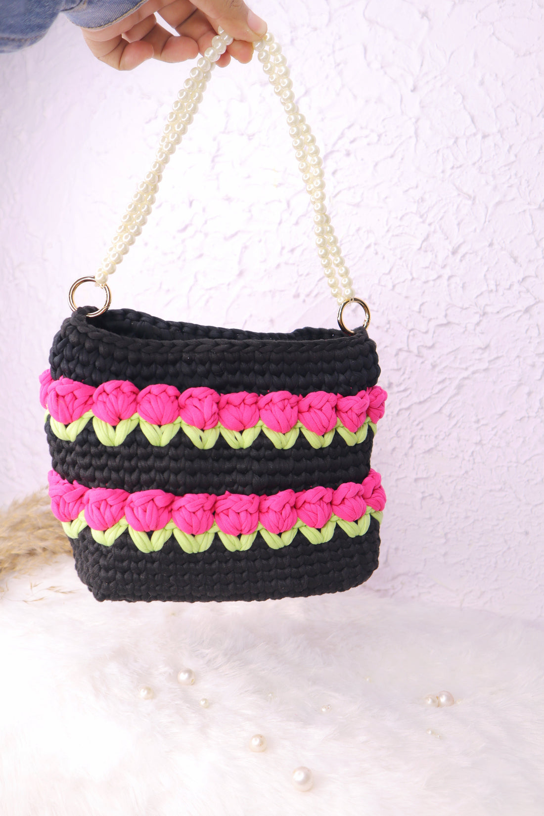 Multilayered  Pink Tulip on Black with Pearl Strap Crotchet Bag