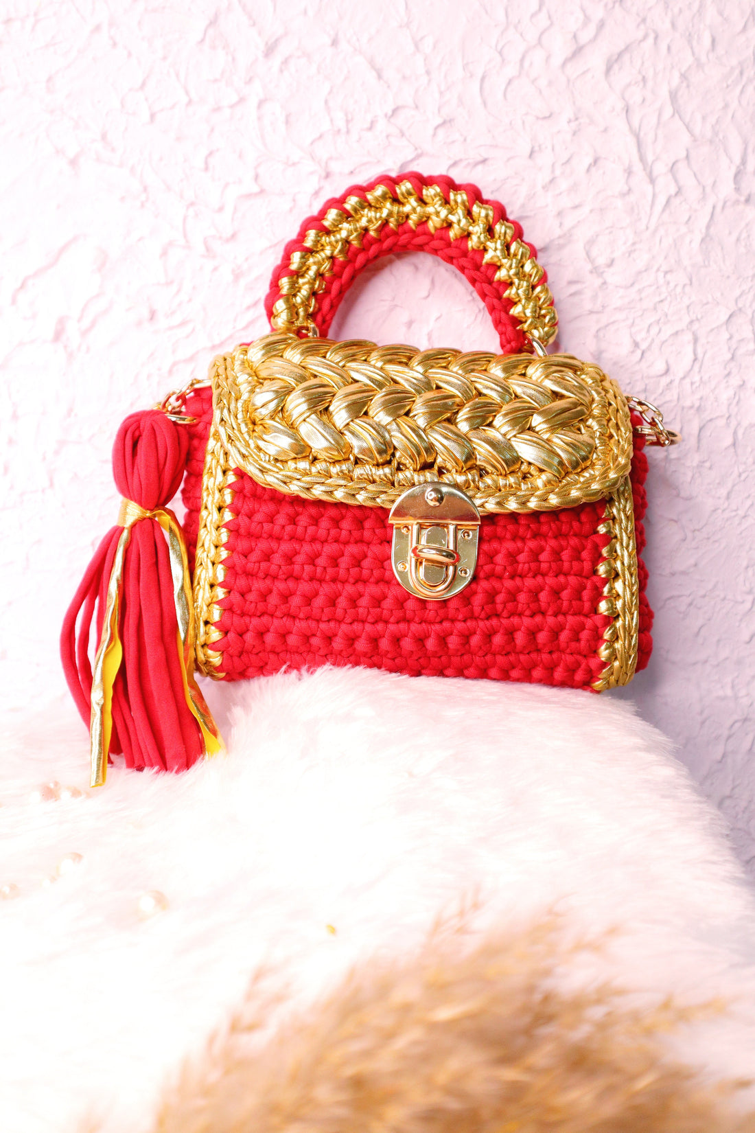 Luxurious Red and Golden Handmade Crotchet Bag