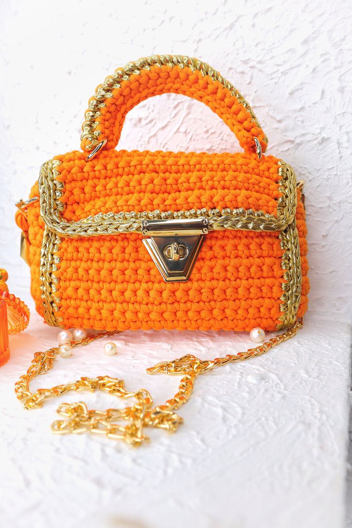 Vibrant Orange and Gold Handcrafted Crochet Bag