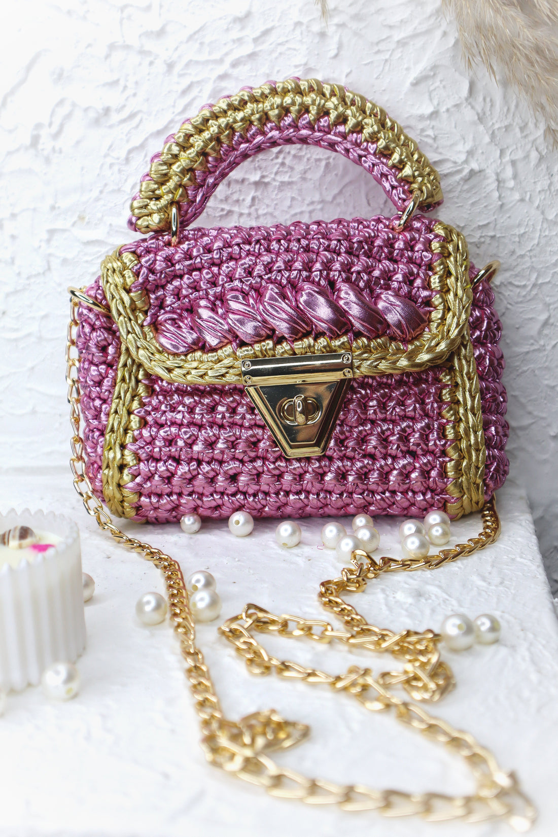 Metallic Pink with Golden Accents Handcrafted Crotchet Bag