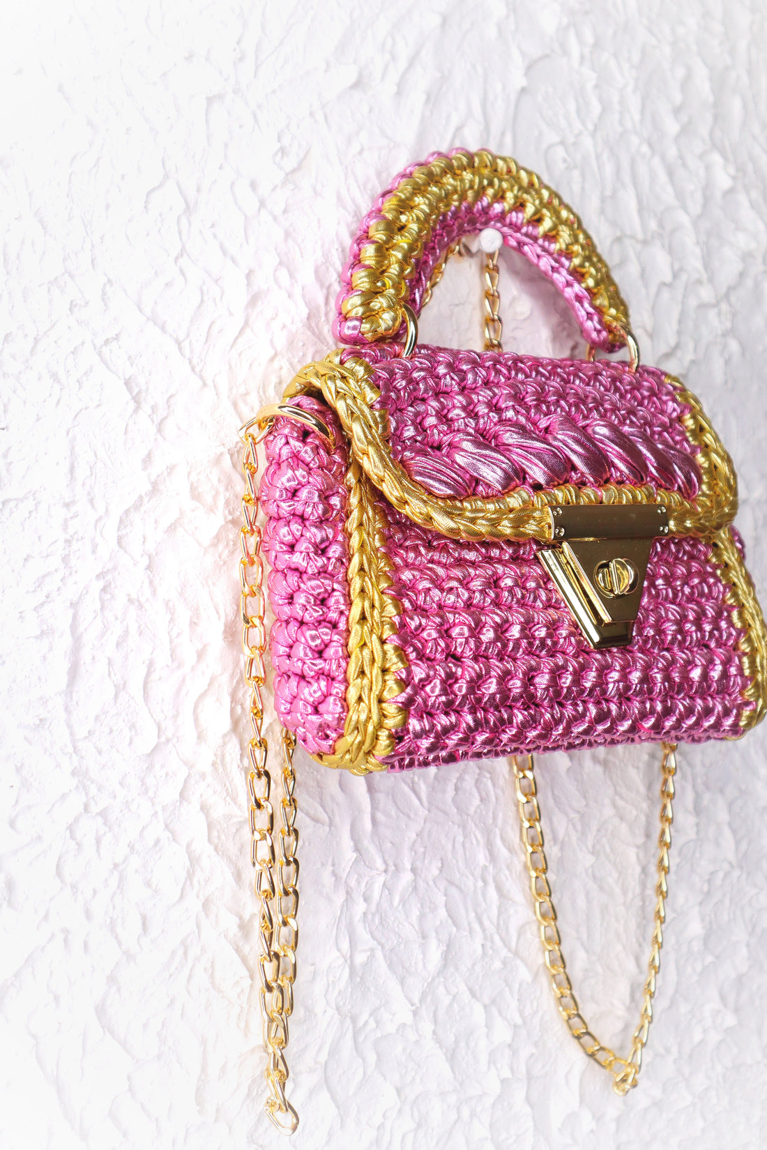 Metallic Pink with Golden Accents Handcrafted Crotchet Bag