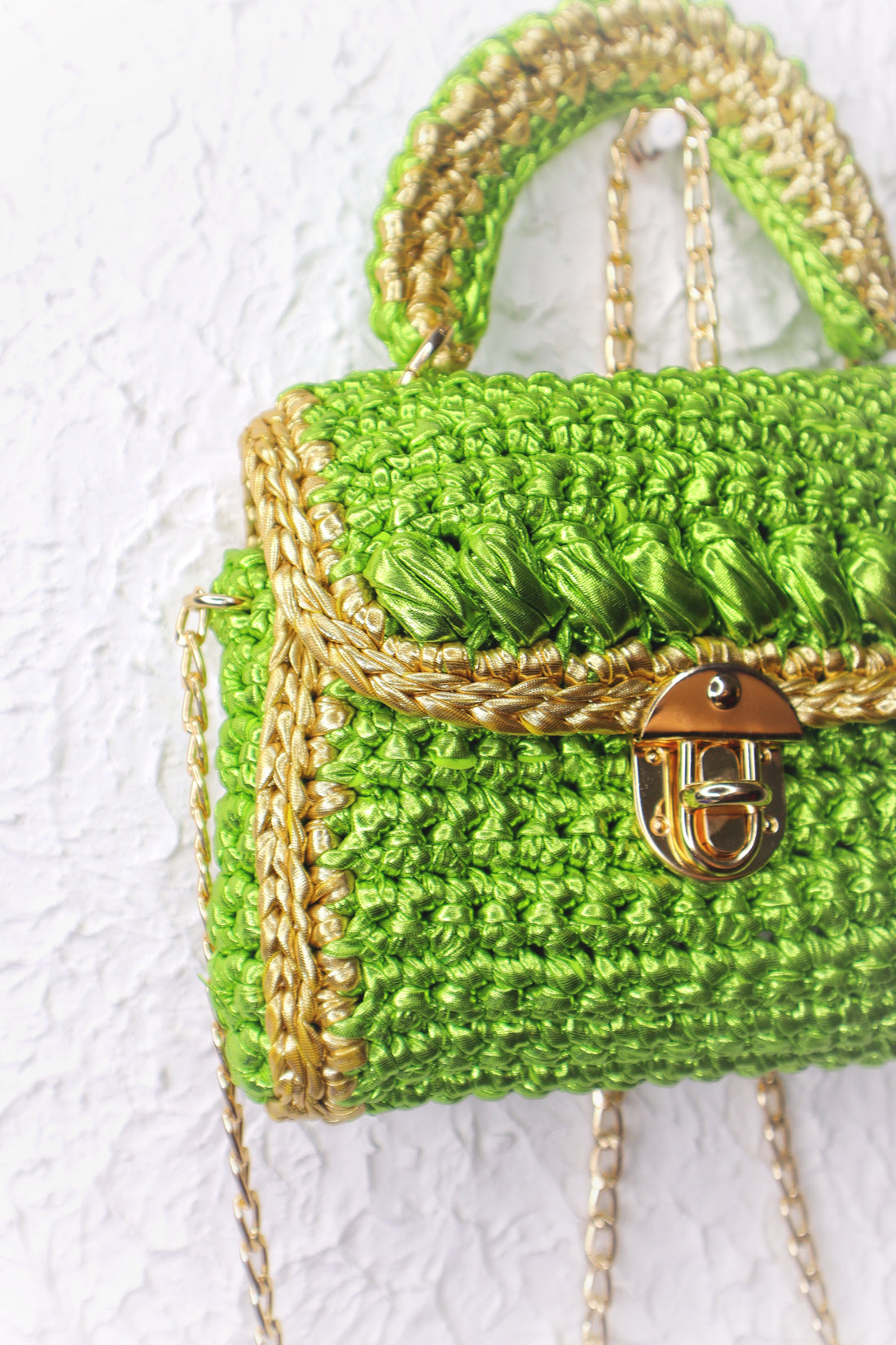 Metallic Green With Golden Accents Handcrafted Crotchet Bag