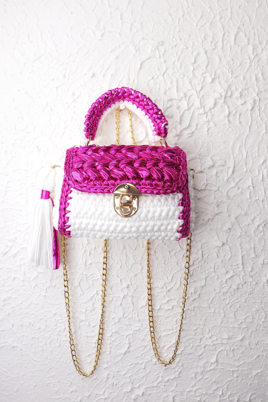 Shiny Metallic Pink and White Handcrafted Crotchet Bag