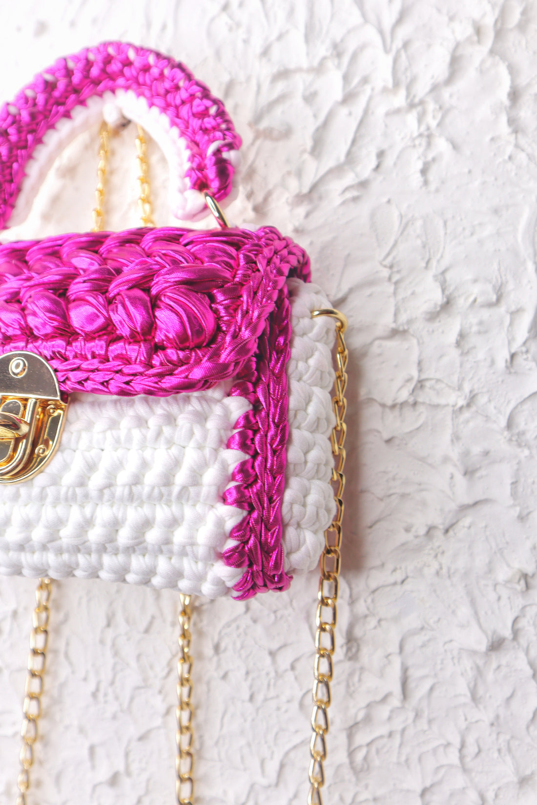 Shiny Metallic Pink and White Handcrafted Crotchet Bag