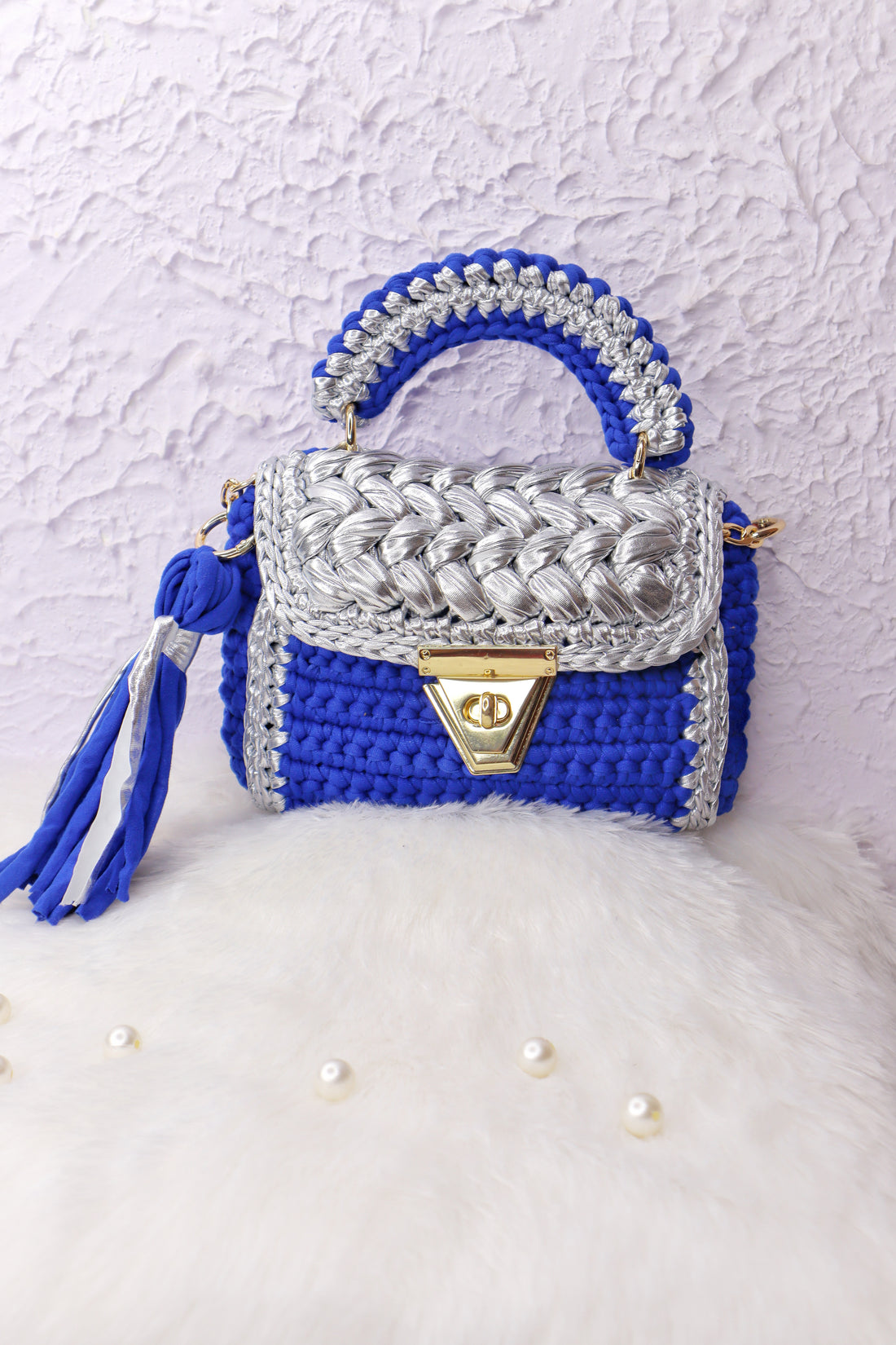 Royal Blue and Silver Crotchet Bag