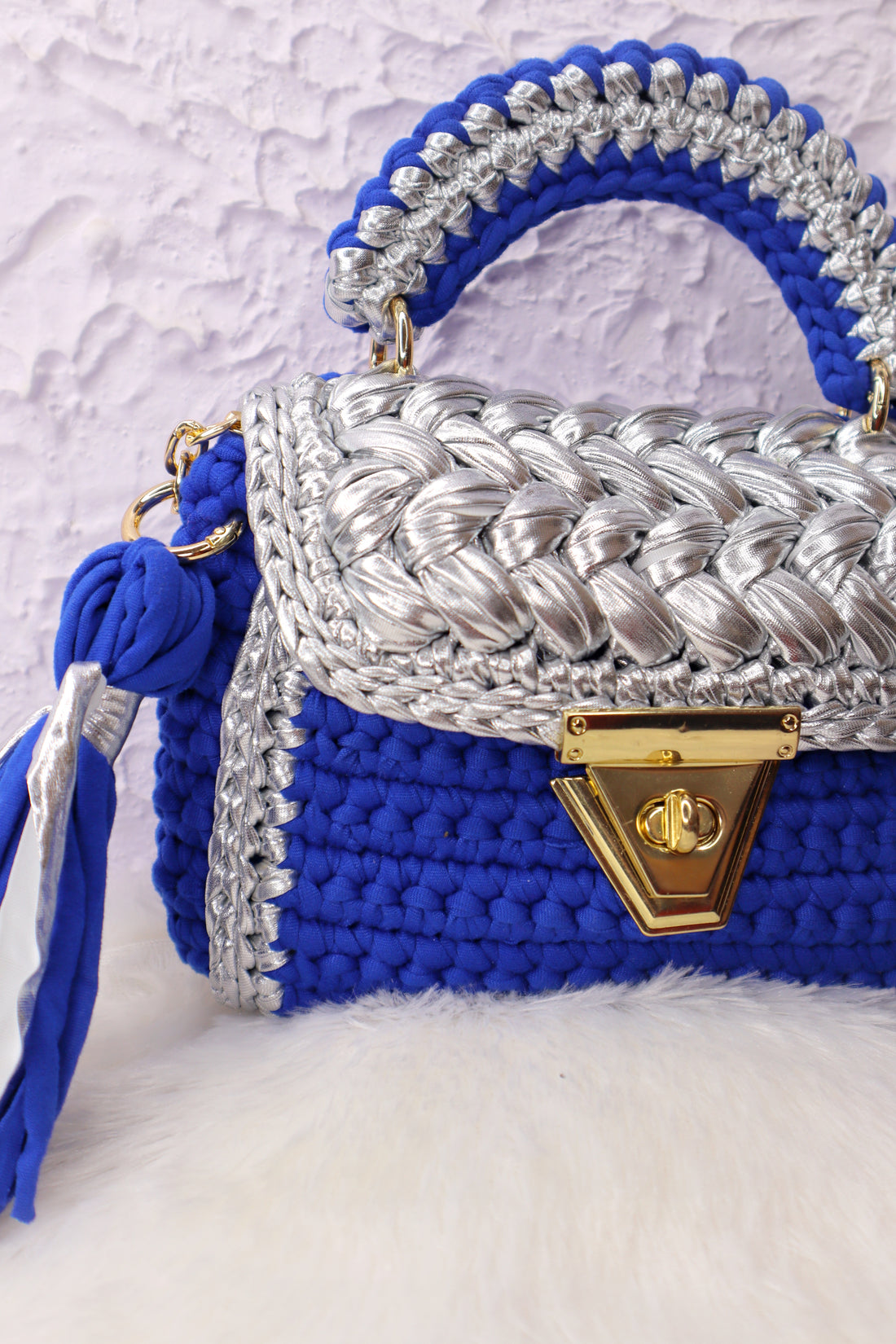 Royal Blue and Silver Crotchet Bag