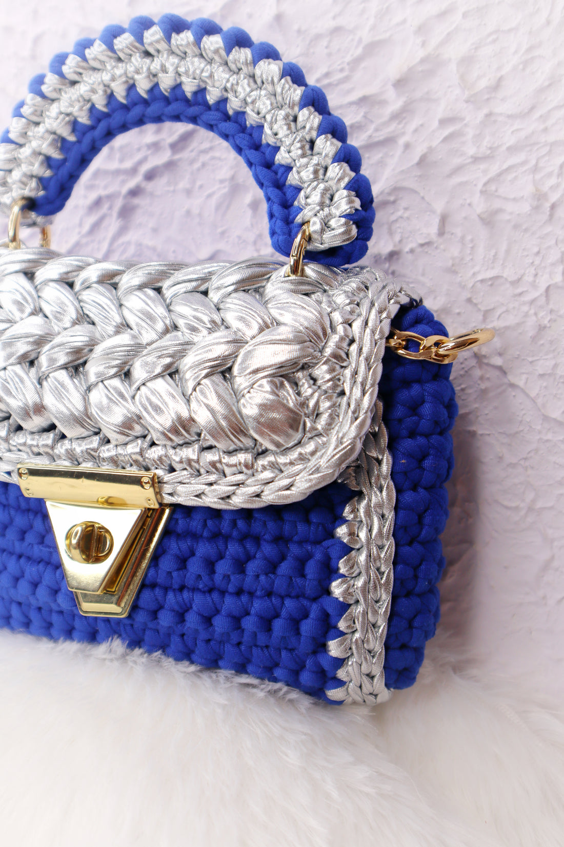 Royal Blue and Silver Crotchet Bag