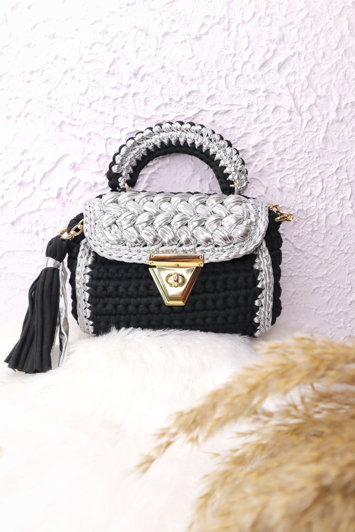 Luxurious Black and Silver Crochet Bag