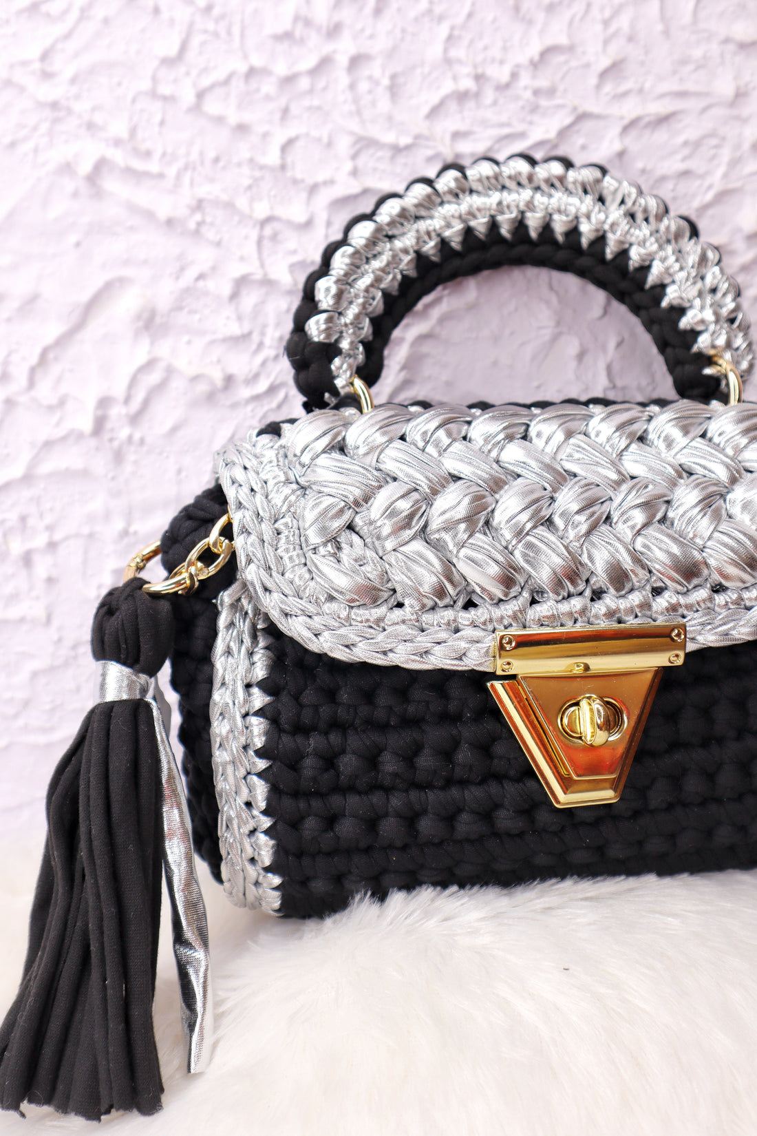 Luxurious Black and Silver Crochet Bag