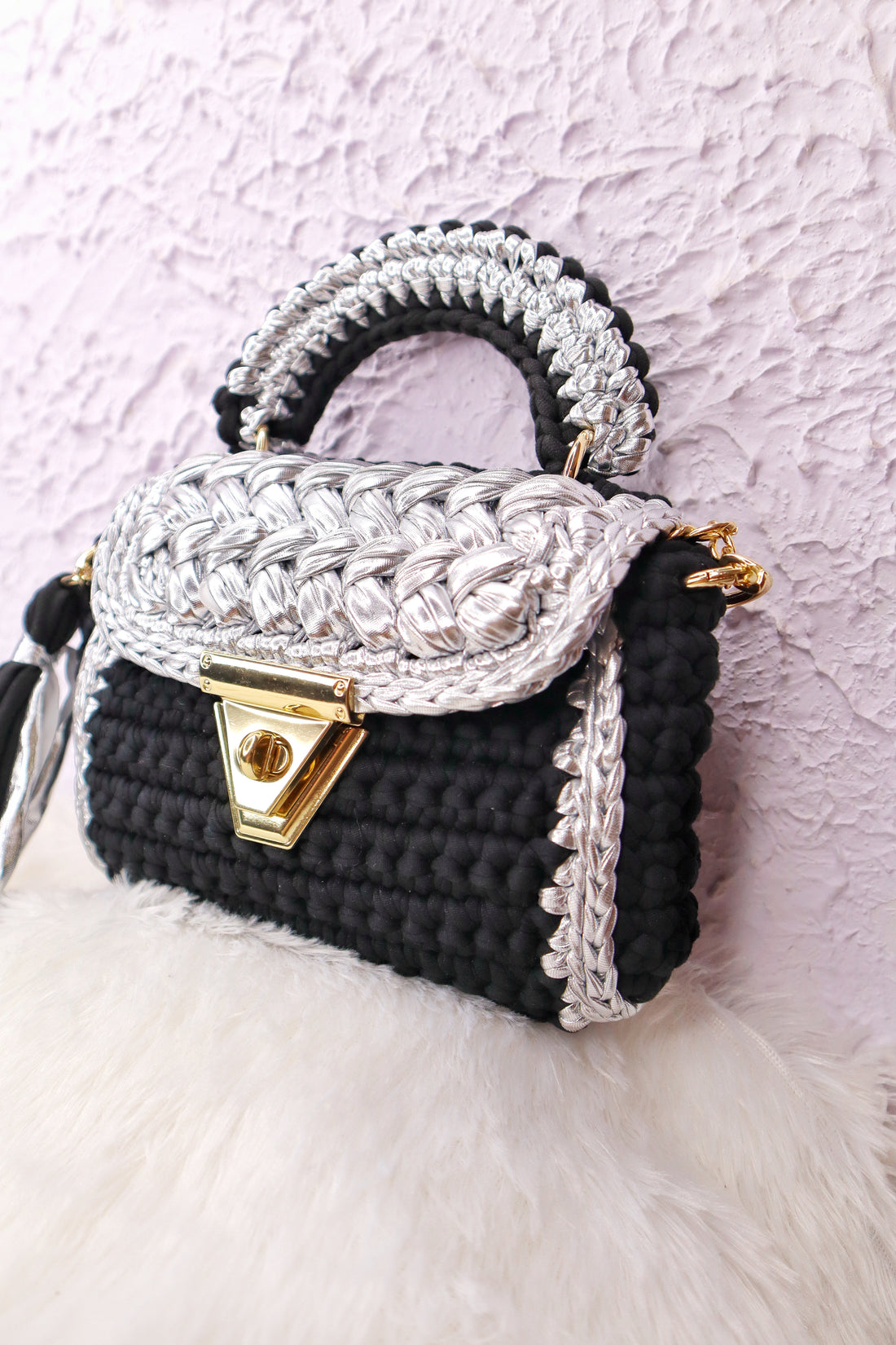 Luxurious Black and Silver Crochet Bag