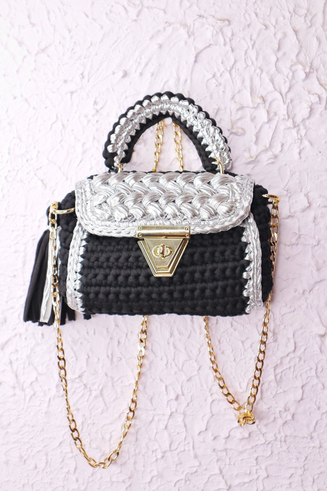 Luxurious Black and Silver Crochet Bag