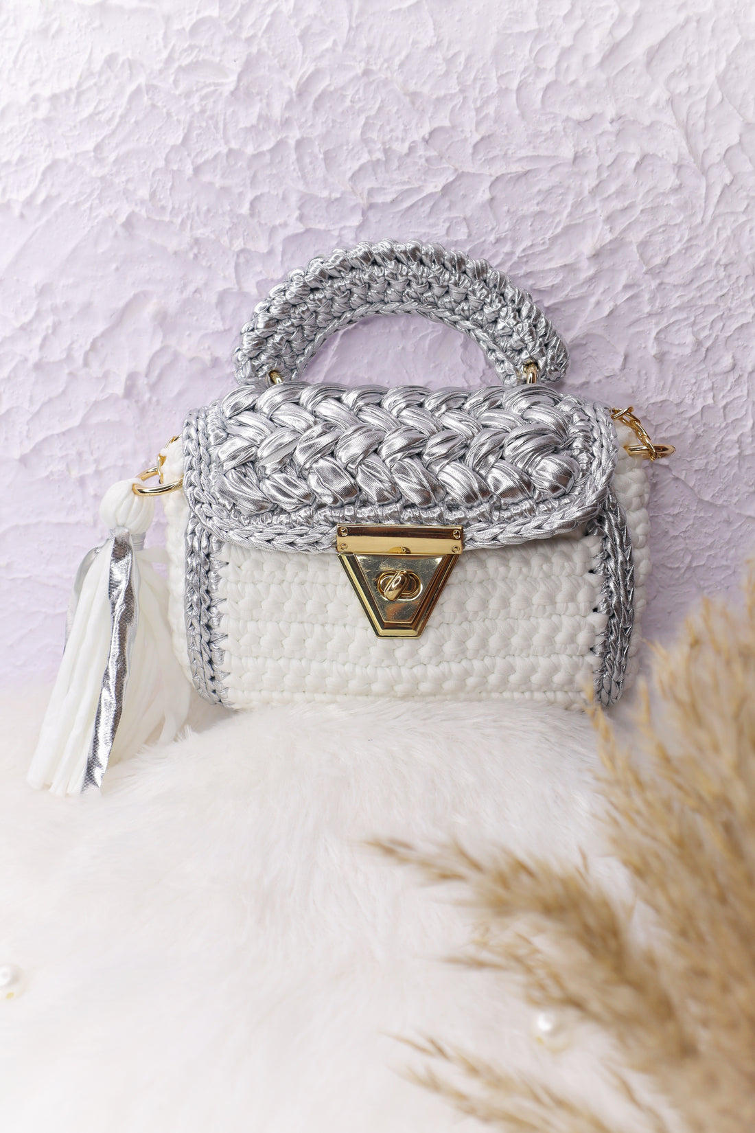 Luxurious White and Silver Crotchet Bag