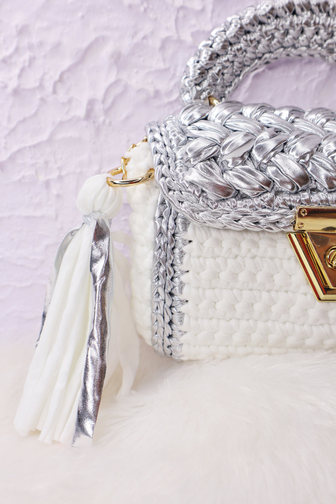 Luxurious White and Silver Crotchet Bag