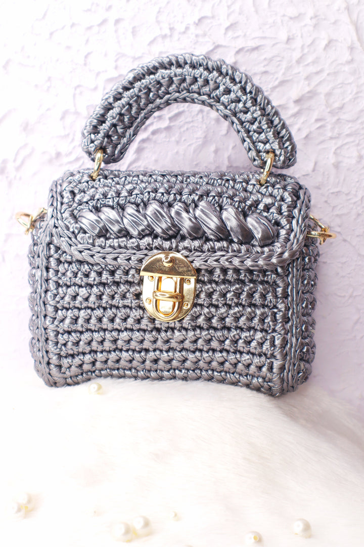 Handmade  Grey Metallic Crotchet Bag