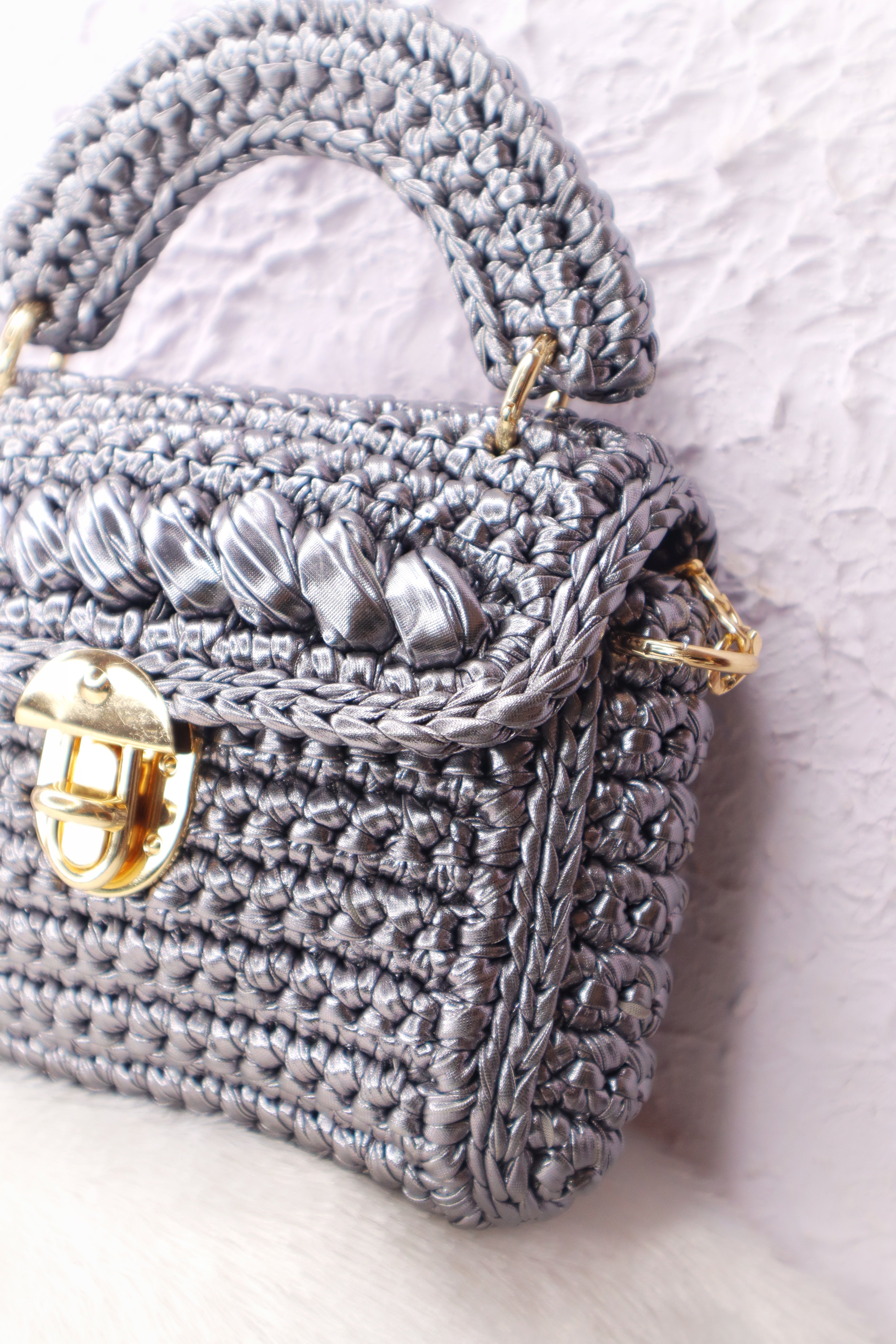 Handmade  Grey Metallic Crotchet Bag